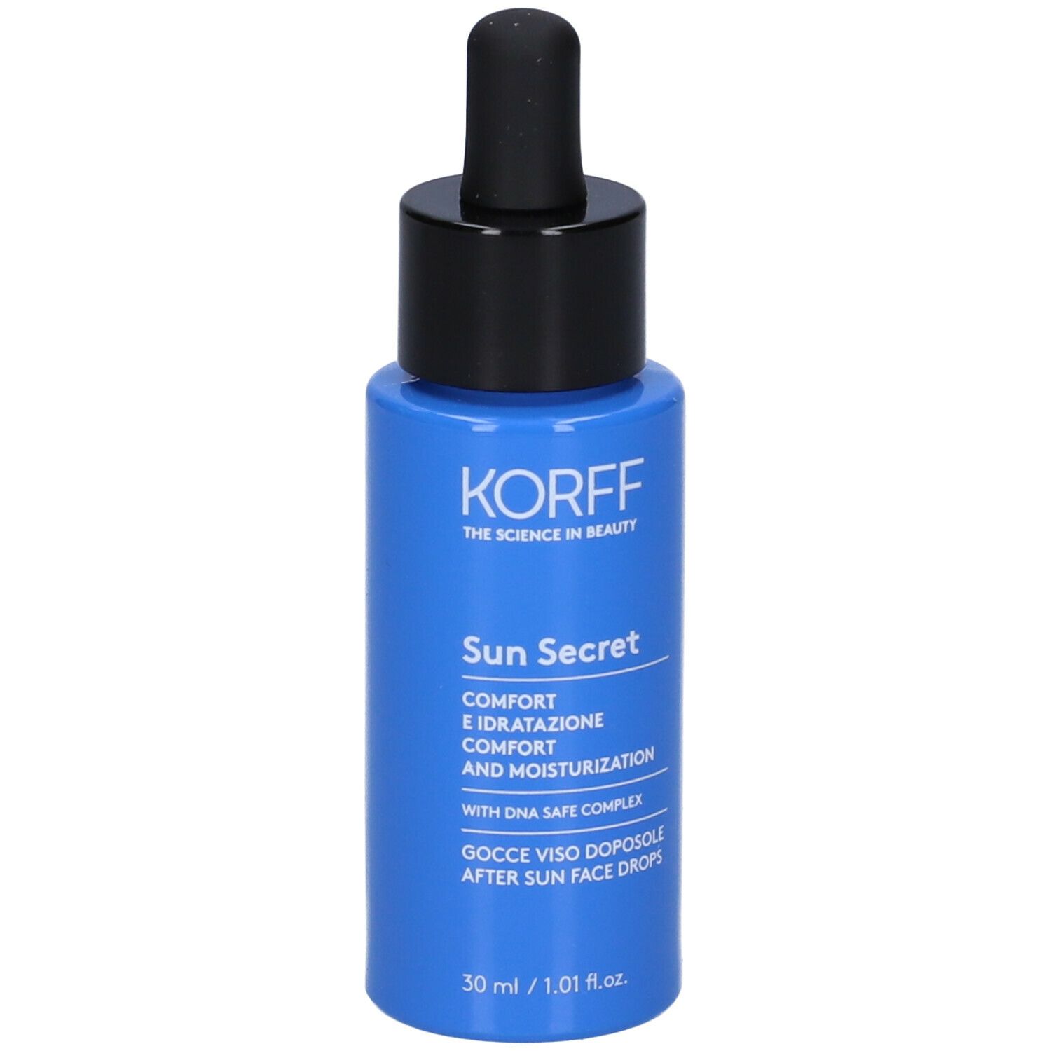 Flacone blu con tappo nero e pipetta. Scritta: Korff Sun Secret, Gocce Doposole. 30 ml.