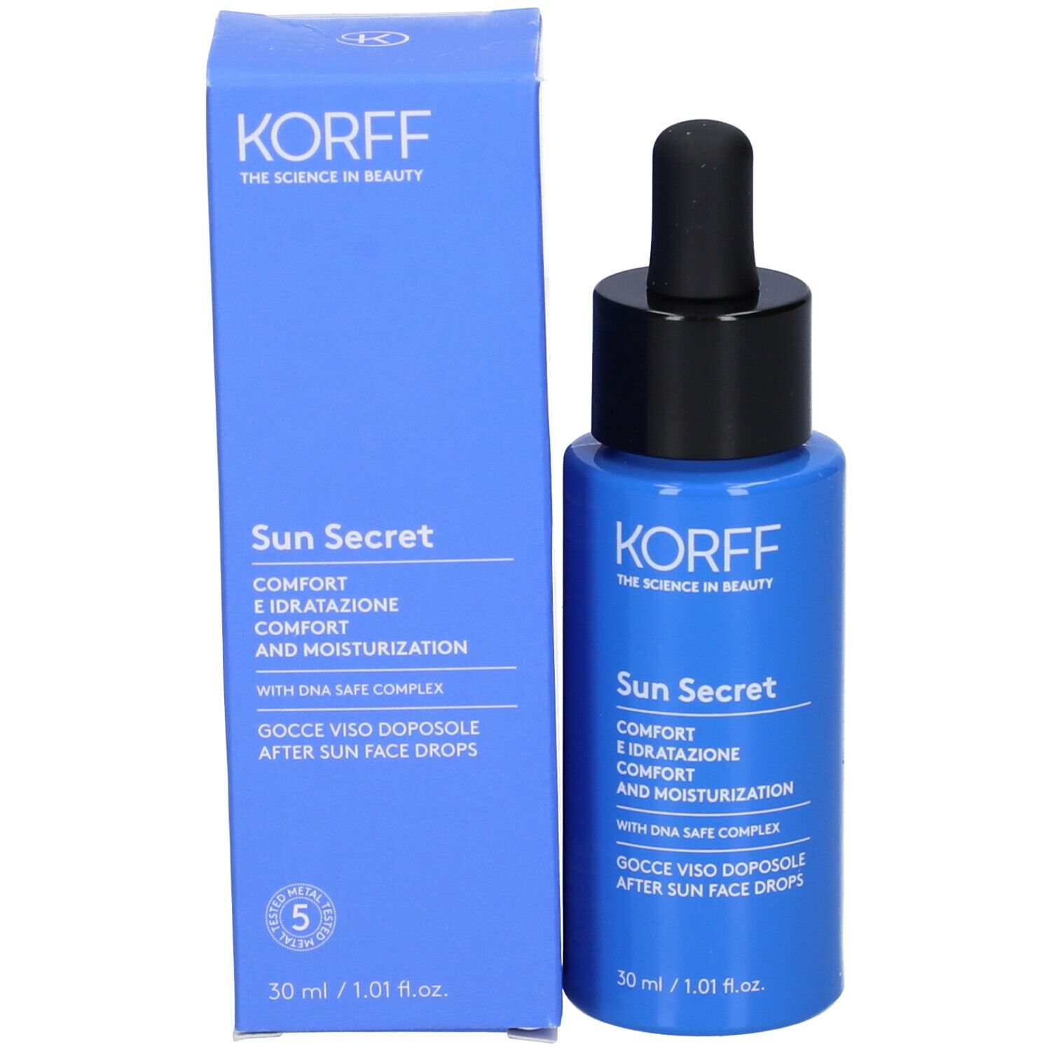 Flacone blu e scatola. Scritta: Korff Sun Secret, Gocce Doposole. 30 ml. Con pipetta.