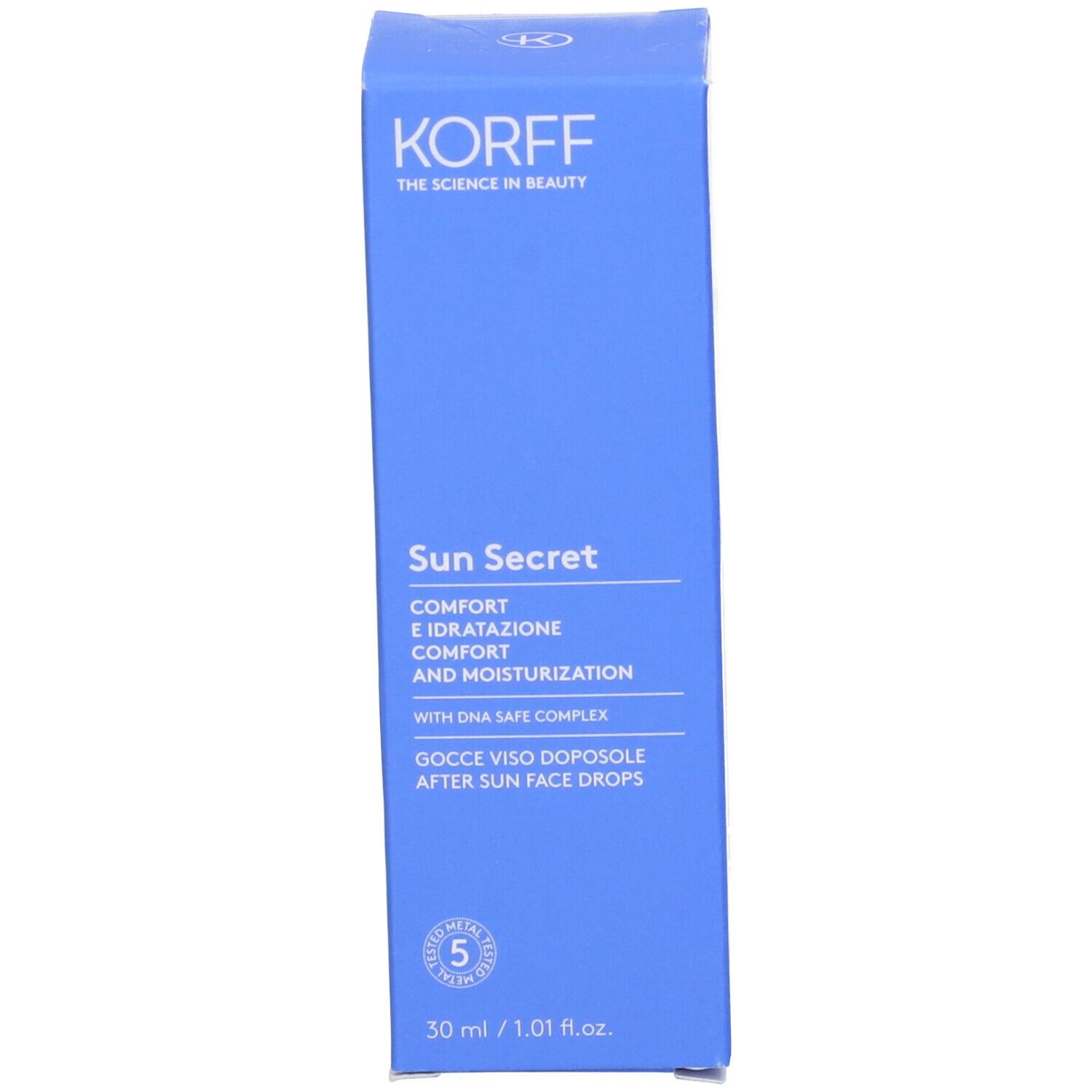 Scatola blu. Scritta: Korff Sun Secret, Gocce Doposole. 30 ml.