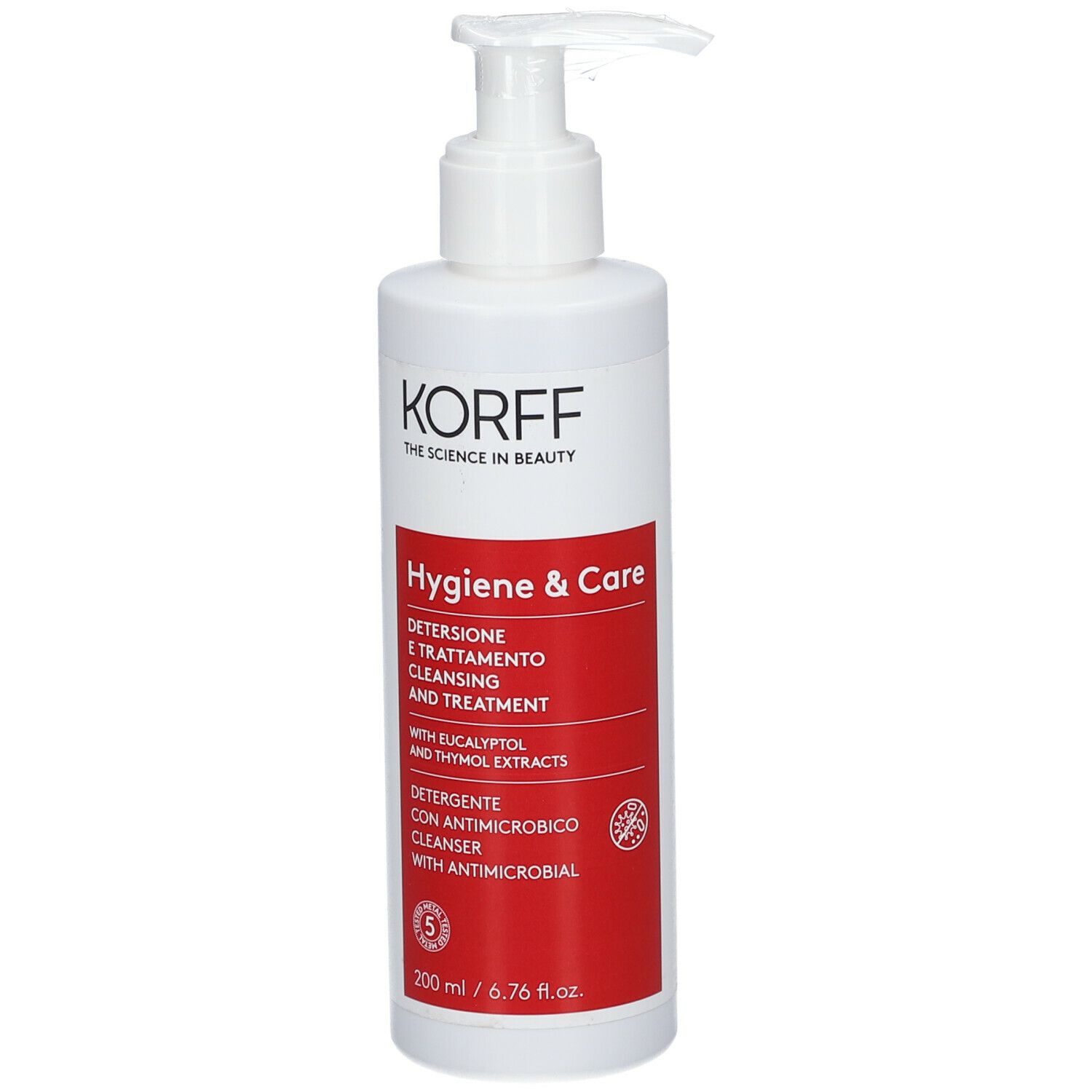 Flacone bianco con dosatore. Etichetta rossa con testo: Hygiene & Care, pulizia e trattamento. Marchio KORFF.