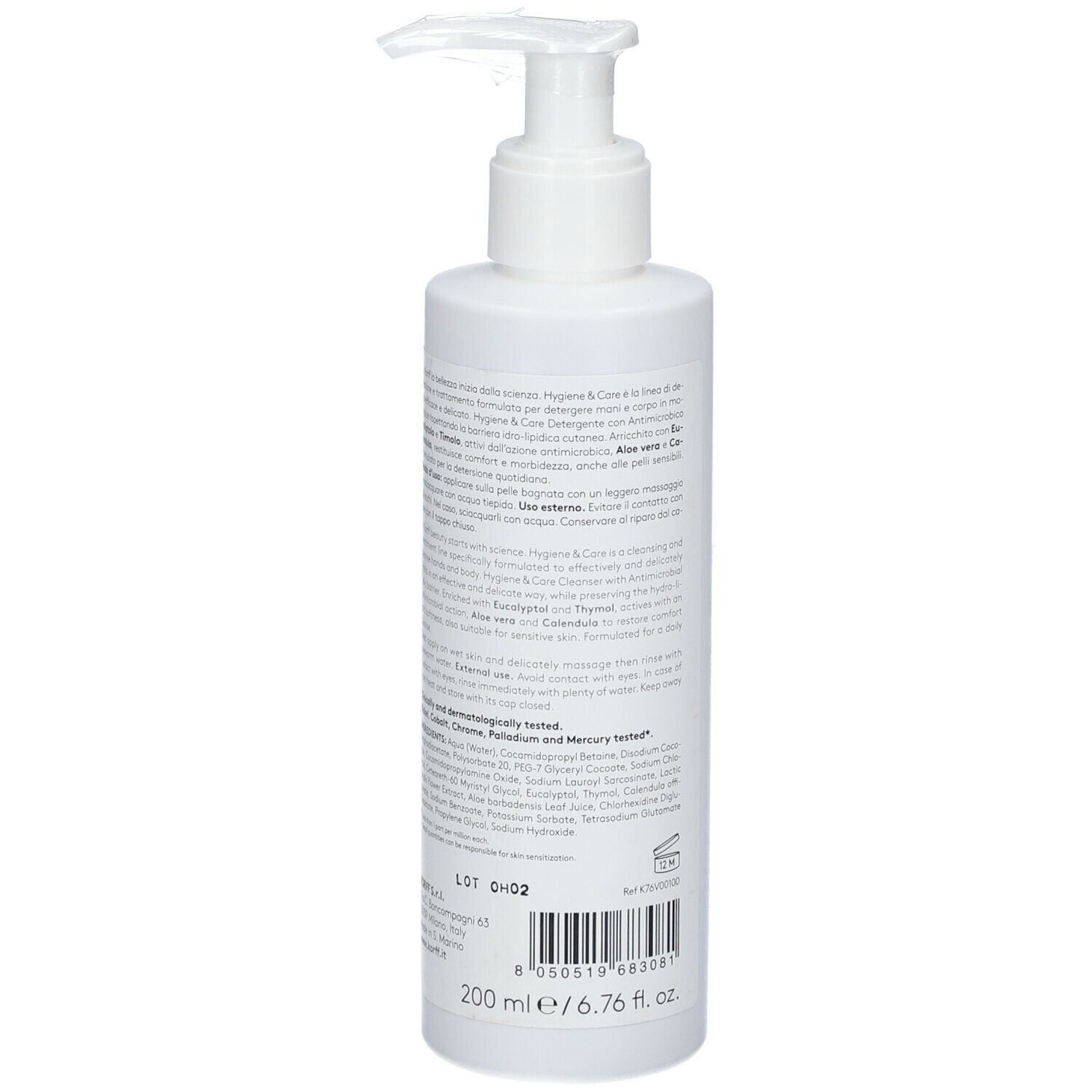 Flacone bianco con dosatore. Retro con testo e informazioni. Marchio KORFF. 200 ml.