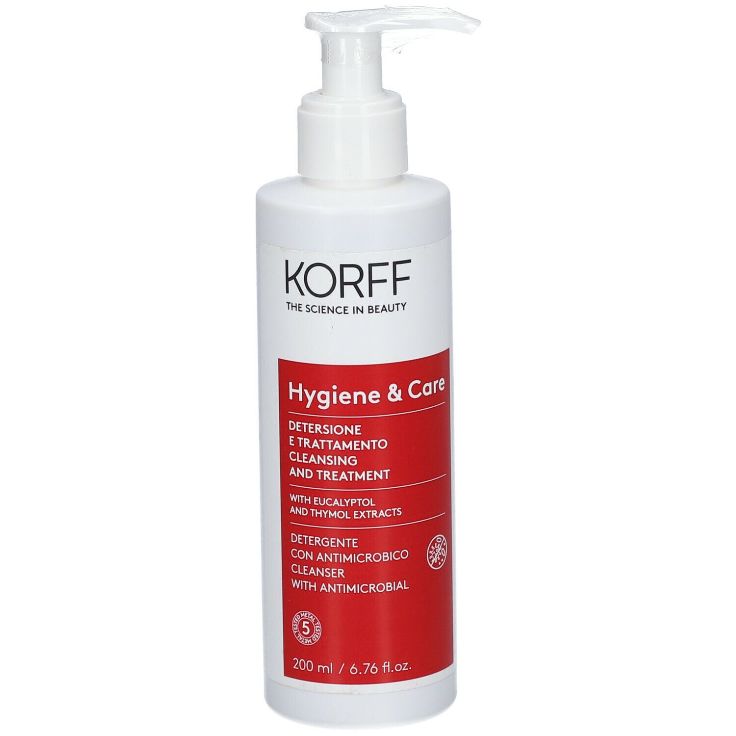 Flacone bianco con dosatore. Etichetta rossa con testo: Hygiene & Care, pulizia e trattamento. Marchio KORFF.