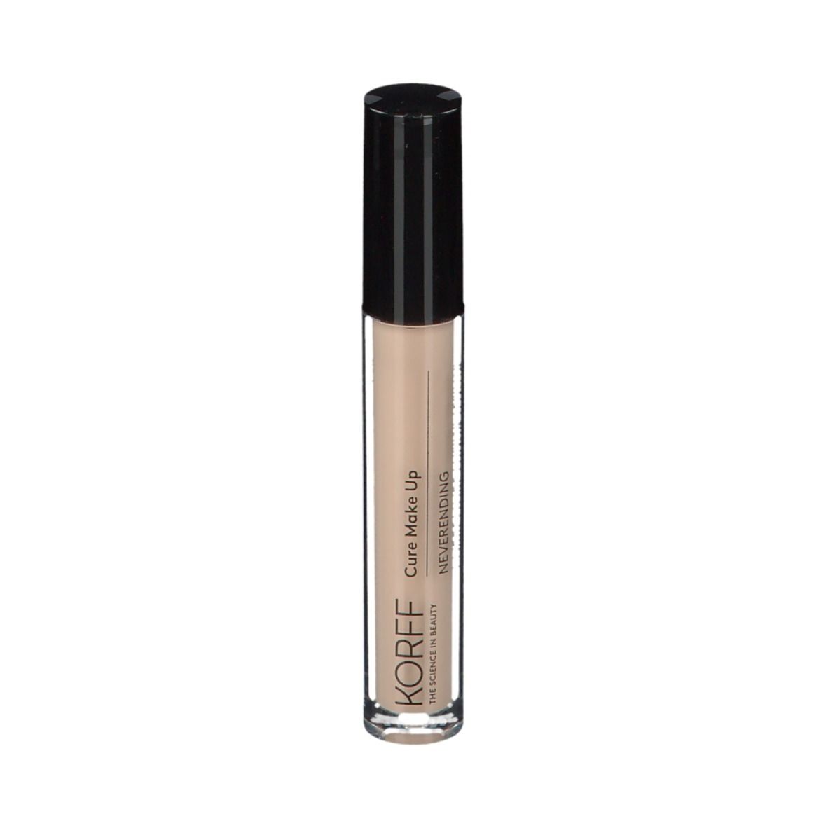 Flacone correttore con tappo nero. KORFF Cure Make Up a lunga tenuta. Colore chiaro.