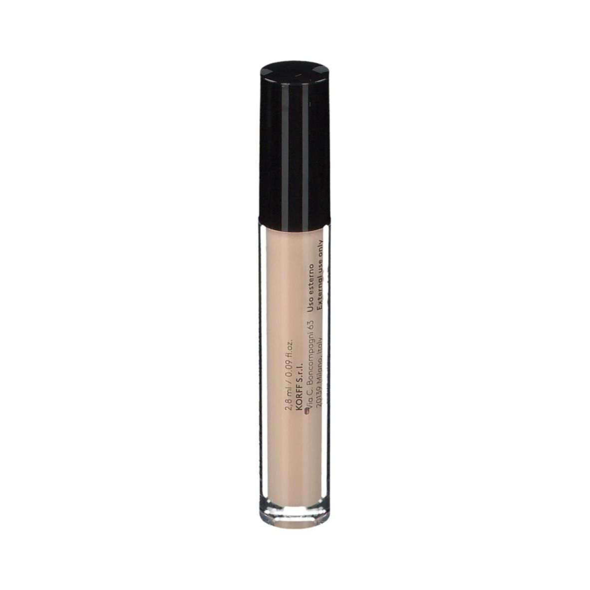 Flacone correttore con tappo nero. KORFF Cure Make Up a lunga tenuta. Colore chiaro.