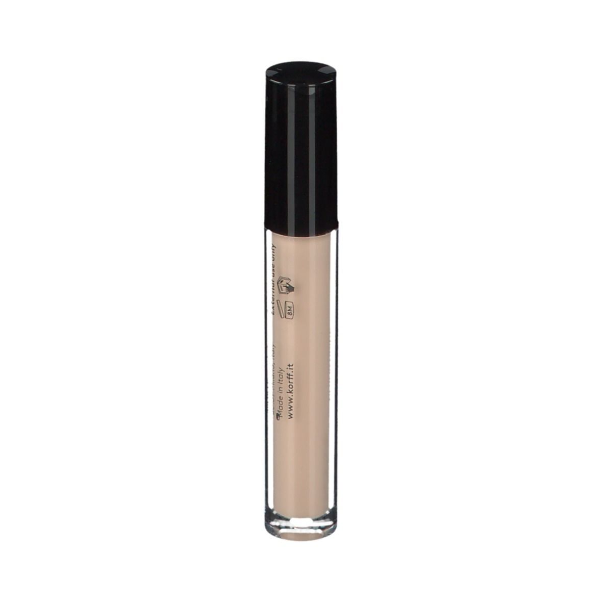 Flacone correttore con tappo nero. KORFF Cure Make Up a lunga tenuta. Colore chiaro.