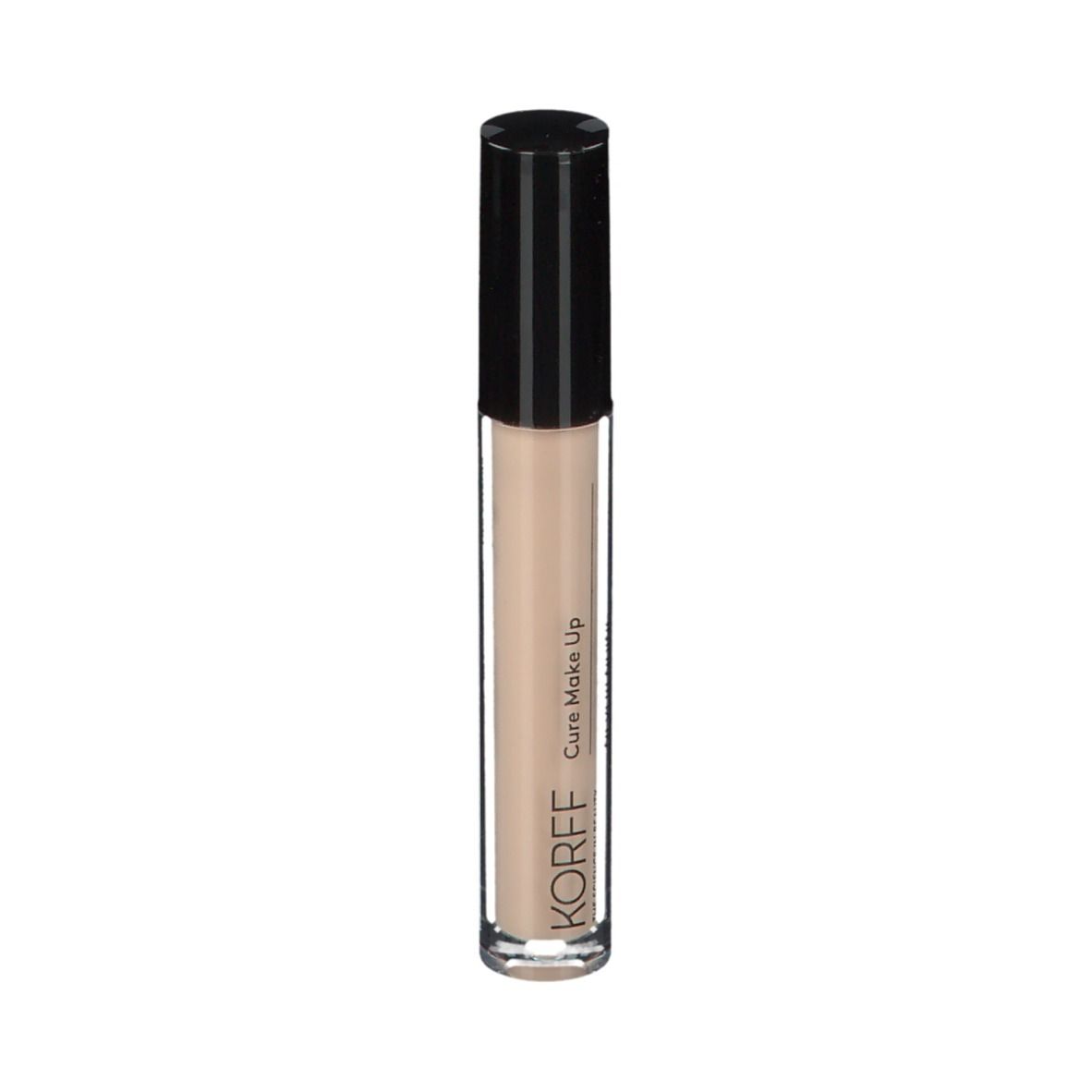 Flacone correttore con tappo nero. KORFF Cure Make Up a lunga tenuta. Colore chiaro.