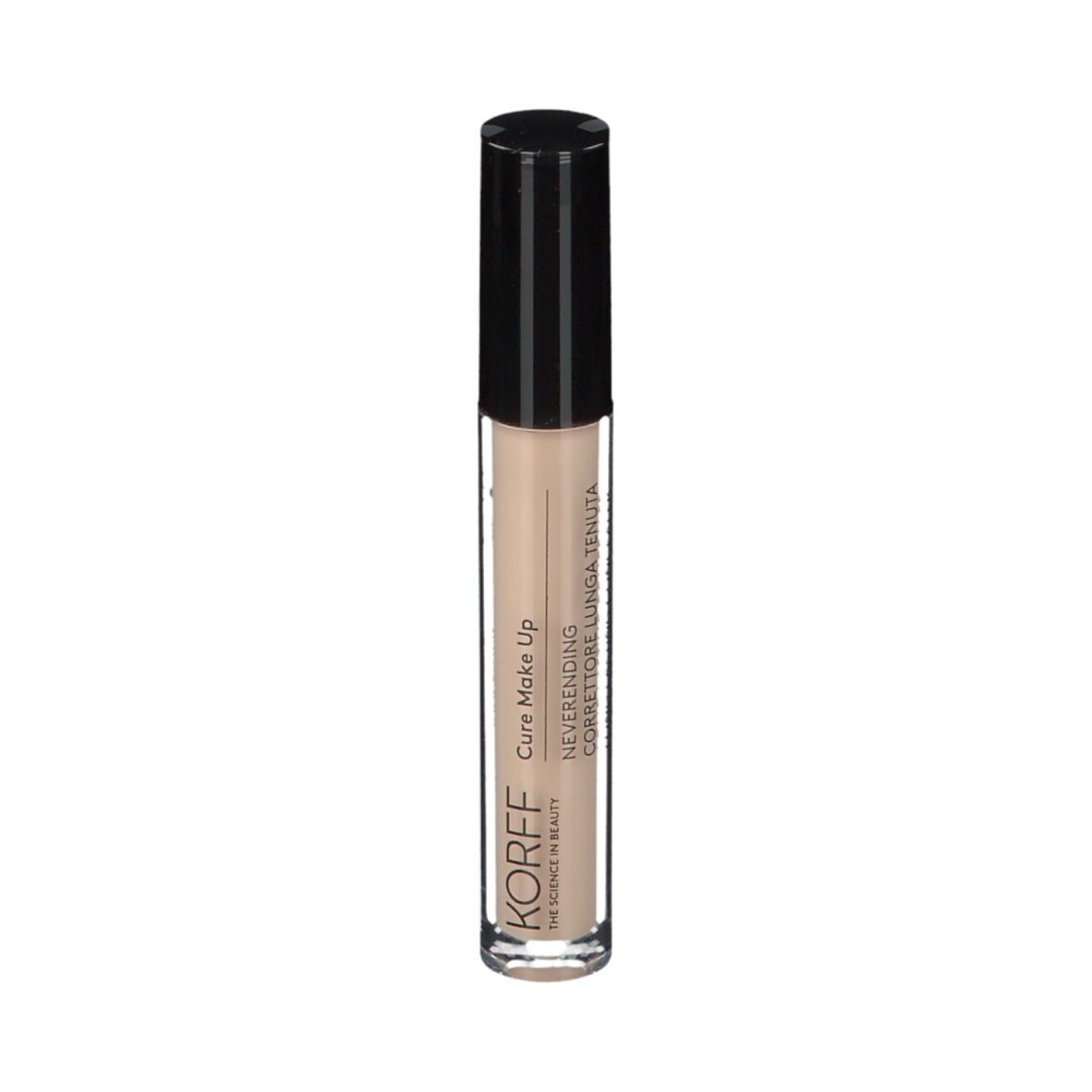 Flacone correttore con tappo nero. KORFF Cure Make Up a lunga tenuta. Colore chiaro.