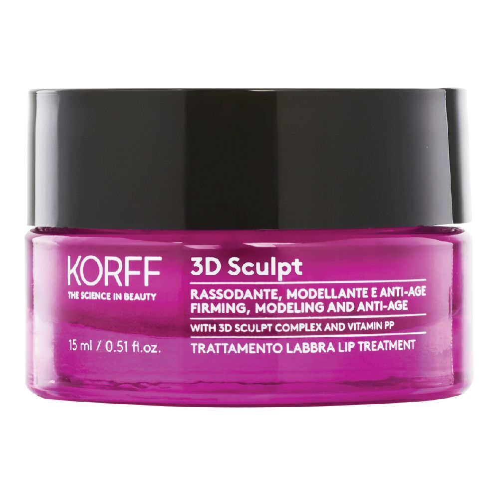 KORFF 3D Sculpt Lippenpflege-Tiegel. Rosa Glas, schwarzer Deckel. Text: 3D Sculpt, 15 ml.
