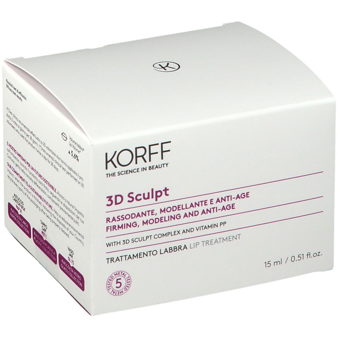 KORFF 3D Sculpt Lippenpflege-Verpackung. Weißer Karton, rosa Akzente. Text: 3D Sculpt, 15 ml.