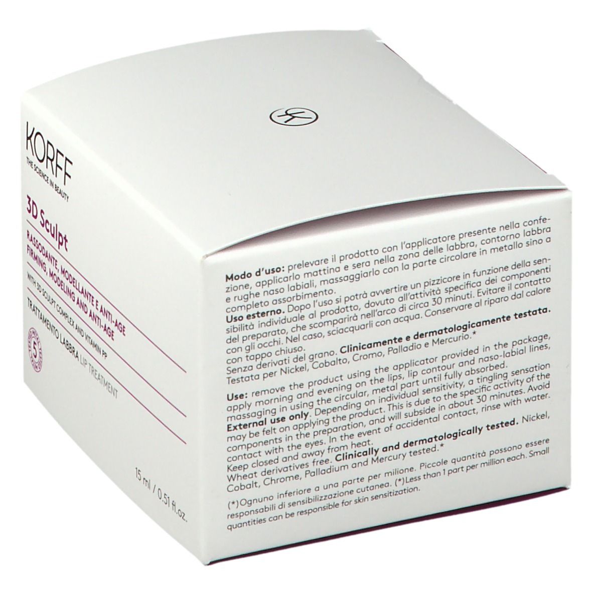 KORFF 3D Sculpt Lippenpflege-Verpackung, Rückseite. Weißer Karton, Text in mehreren Sprachen.