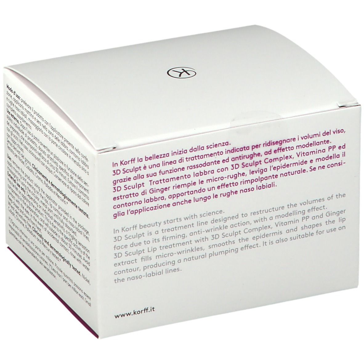 KORFF 3D Sculpt Lippenpflege-Verpackung, Seite. Weißer Karton, Text in mehreren Sprachen.