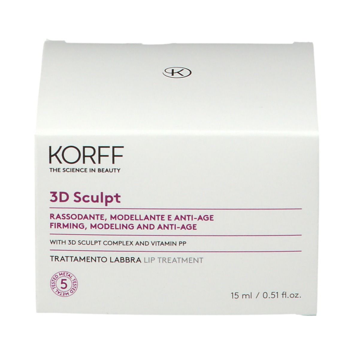 KORFF 3D Sculpt Lippenpflege-Verpackung. Weißer Karton, rosa Akzente. Text: 3D Sculpt.