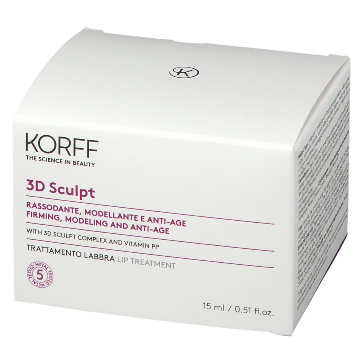 KORFF 3D Sculpt Lippenpflege-Verpackung. Weißer Karton, rosa Akzente. Text: 3D Sculpt, 15 ml.
