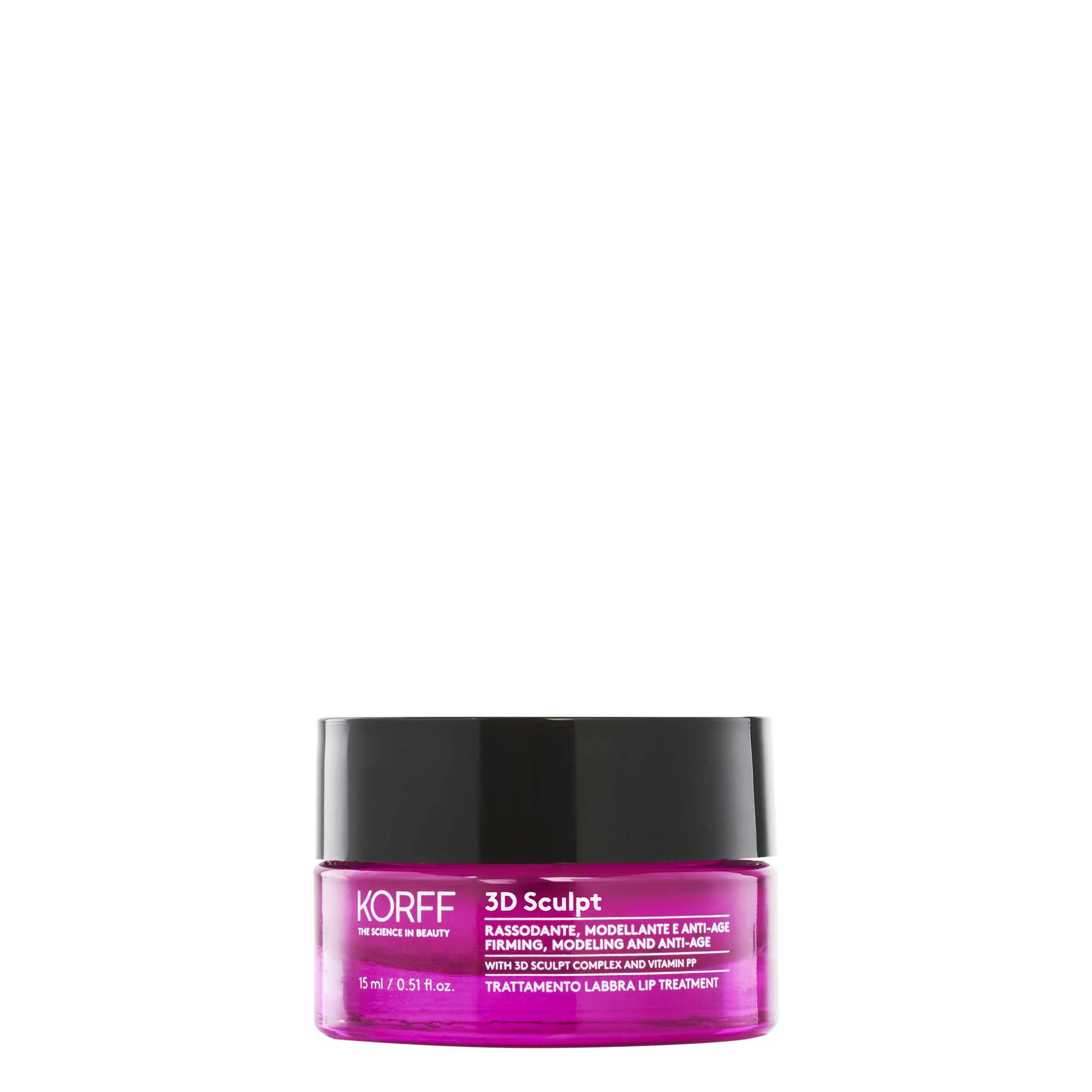 KORFF 3D Sculpt Lippenpflege-Tiegel. Rosa Glas, schwarzer Deckel. Produktansicht.