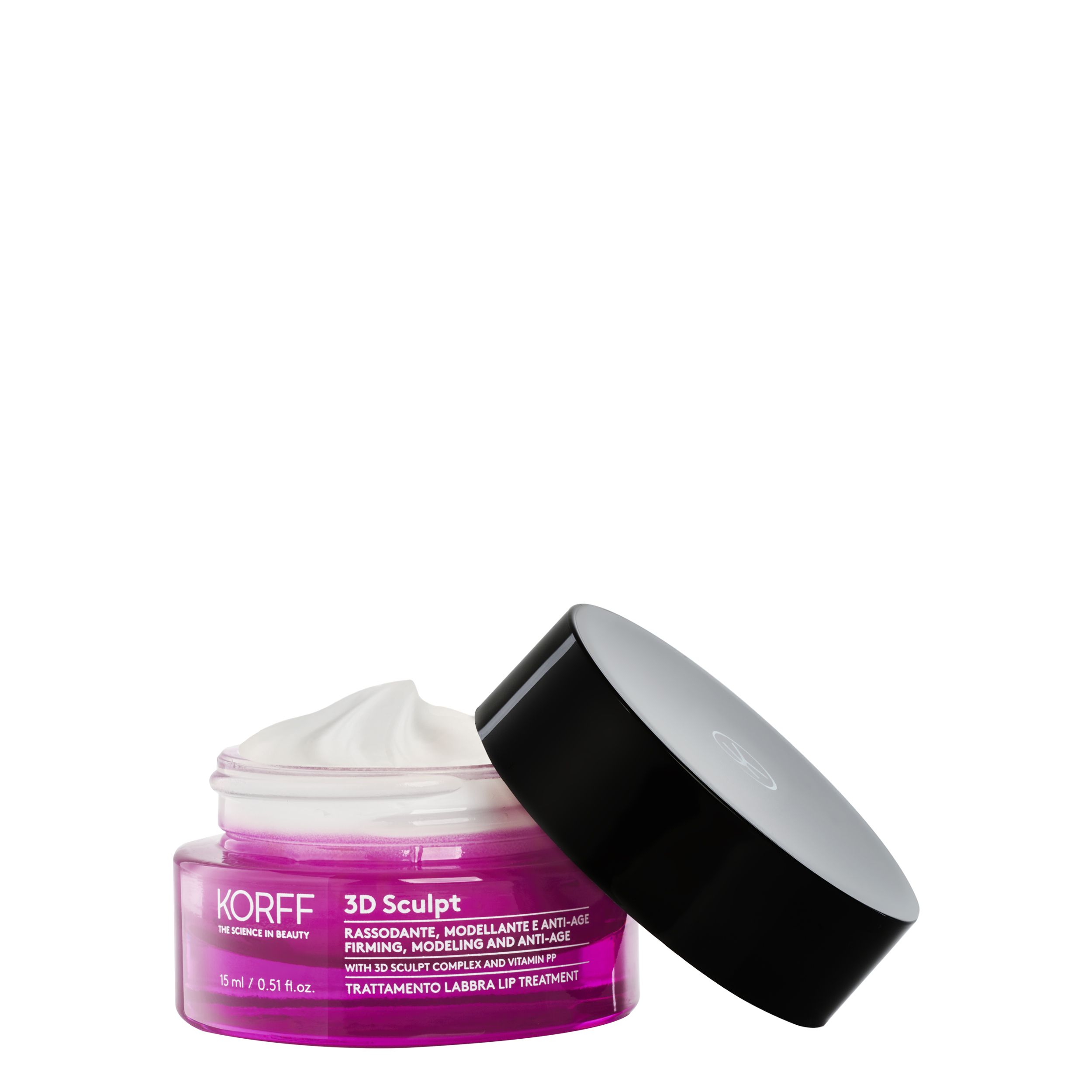 KORFF 3D Sculpt Lippenpflege-Tiegel, Deckel geöffnet. Weiße Creme sichtbar. Rosa Glas, schwarzer Deckel.
