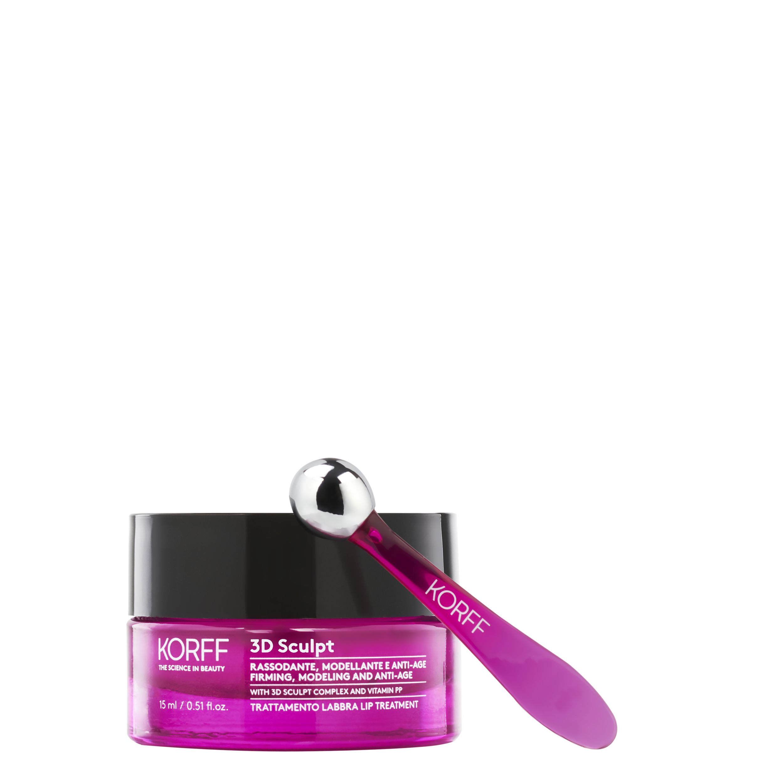 KORFF 3D Sculpt Lippenpflege-Tiegel mit Applikator. Rosa Glas, schwarzer Deckel. Applikator: rosa, Metallspitze.
