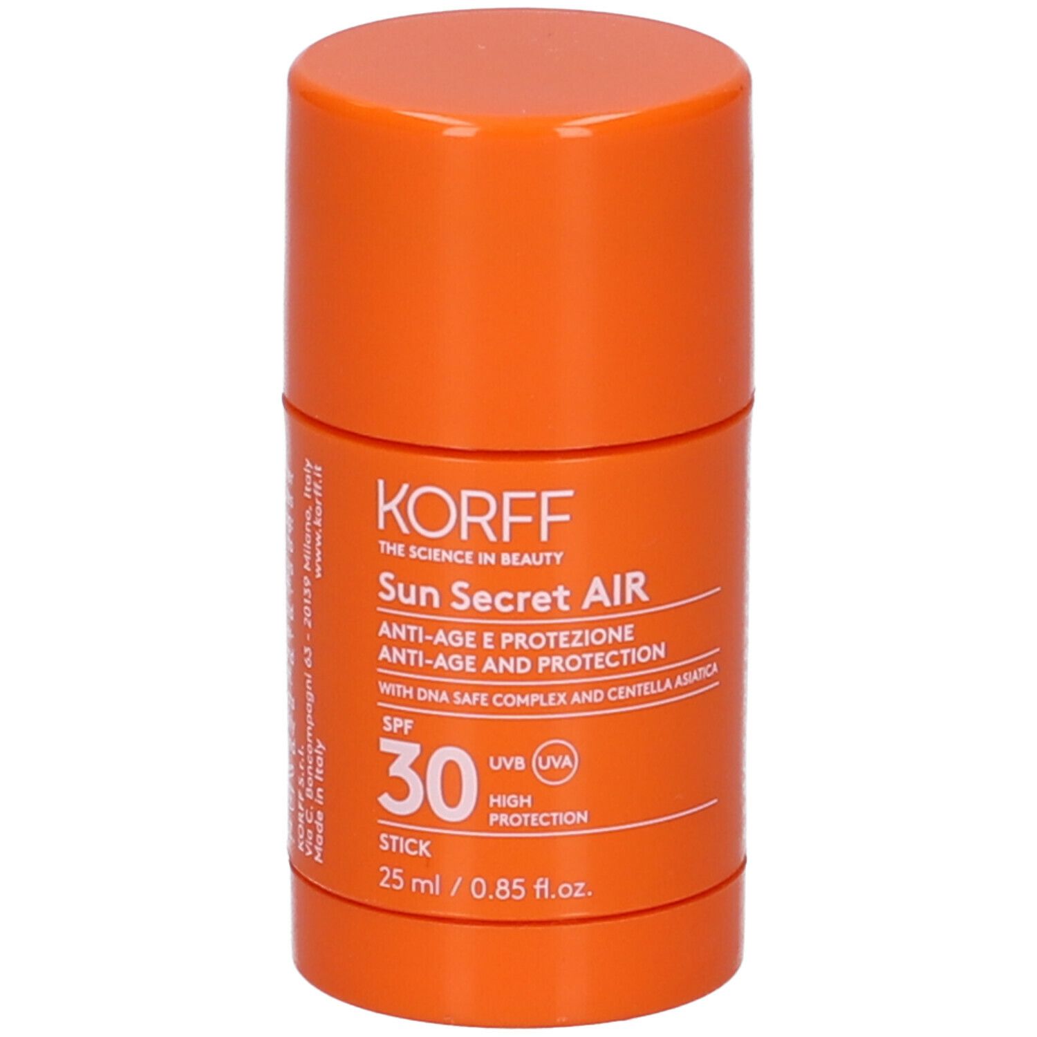 Stick KORFF Sun Secret Air SPF 30. Arancione. Testo: Anti-età, protezione, SPF 30, Stick, 25 ml.