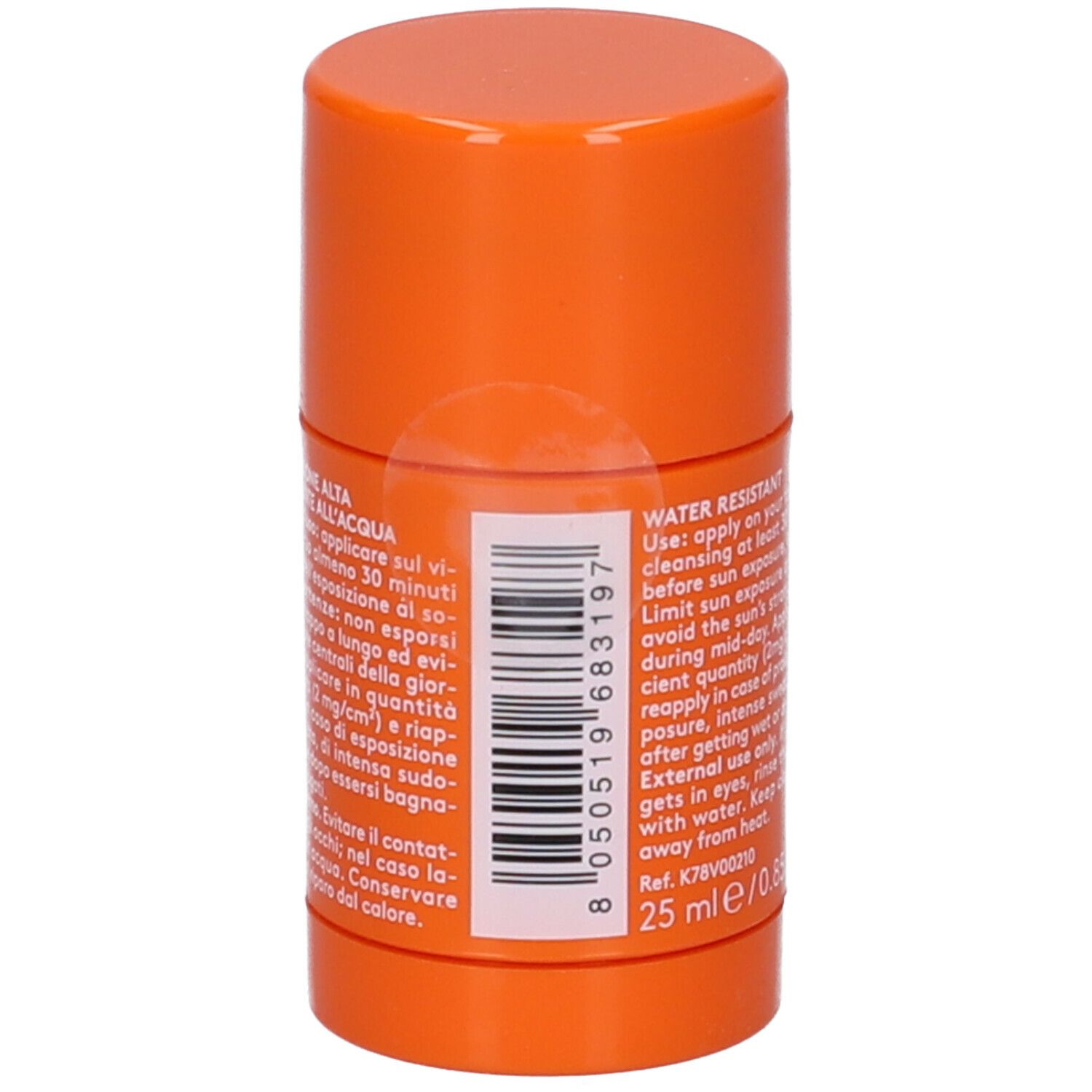 Stick KORFF Sun Secret Air SPF 30. Arancione. Testo: Anti-età, protezione, SPF 30, Stick, 25 ml.