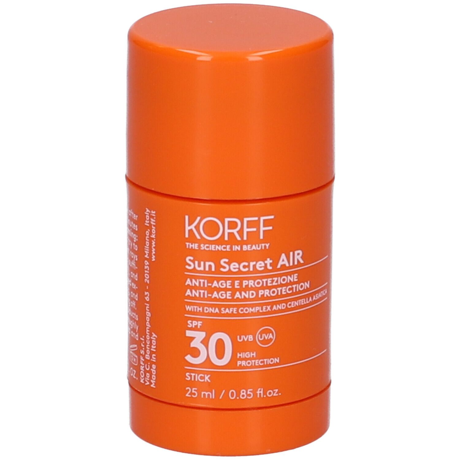 Stick KORFF Sun Secret Air SPF 30. Arancione. Testo: Anti-età, protezione, SPF 30, Stick, 25 ml.