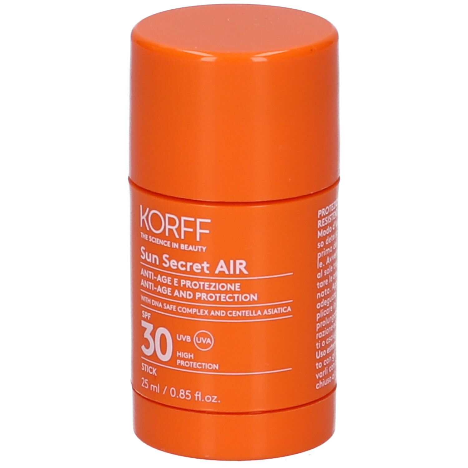 Stick KORFF Sun Secret Air SPF 30. Arancione. Testo: Anti-età, protezione, SPF 30, Stick, 25 ml.