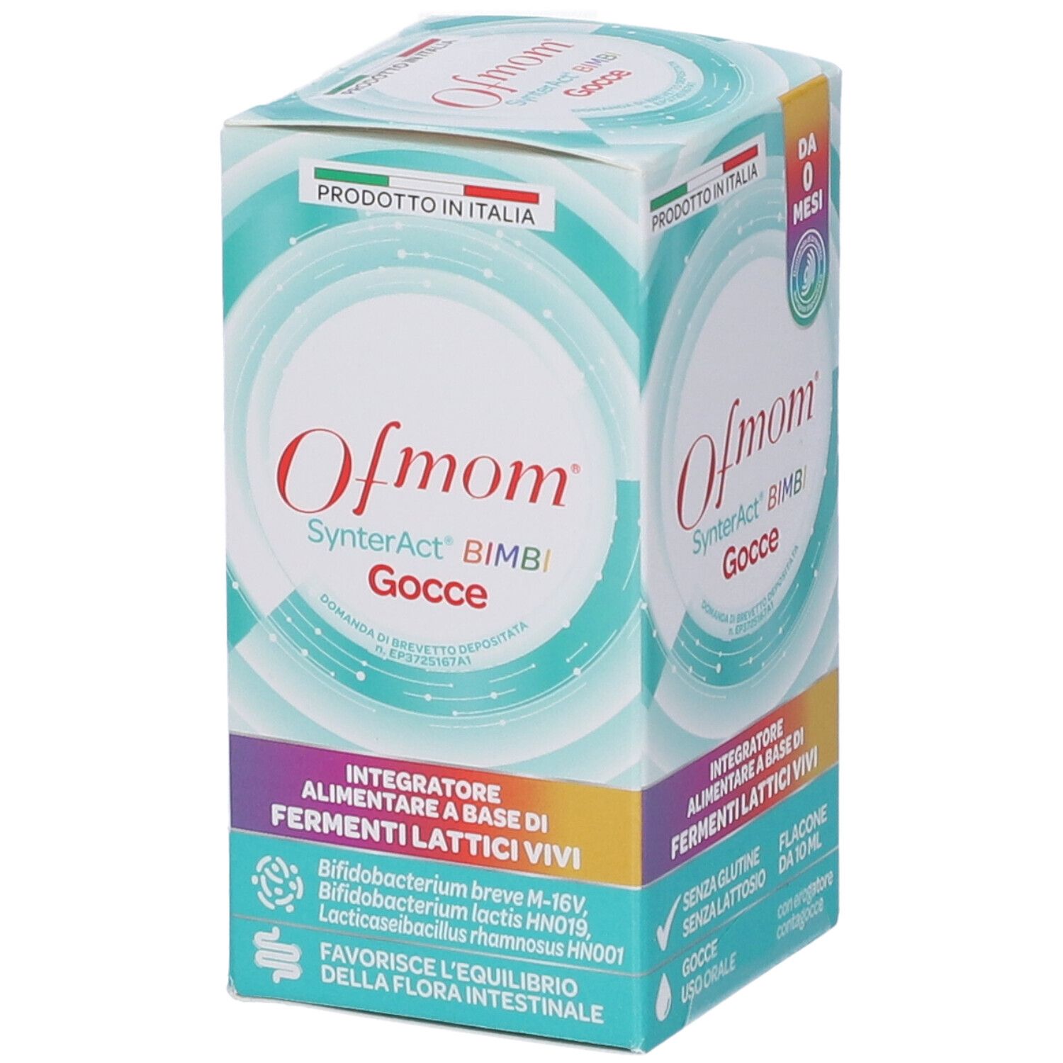 Ofmom SynterAct Bimbi Gocce Verpackung. Enthält 10 ml. Für Säuglinge ab 0 Monaten. Gluten- und laktosefrei.