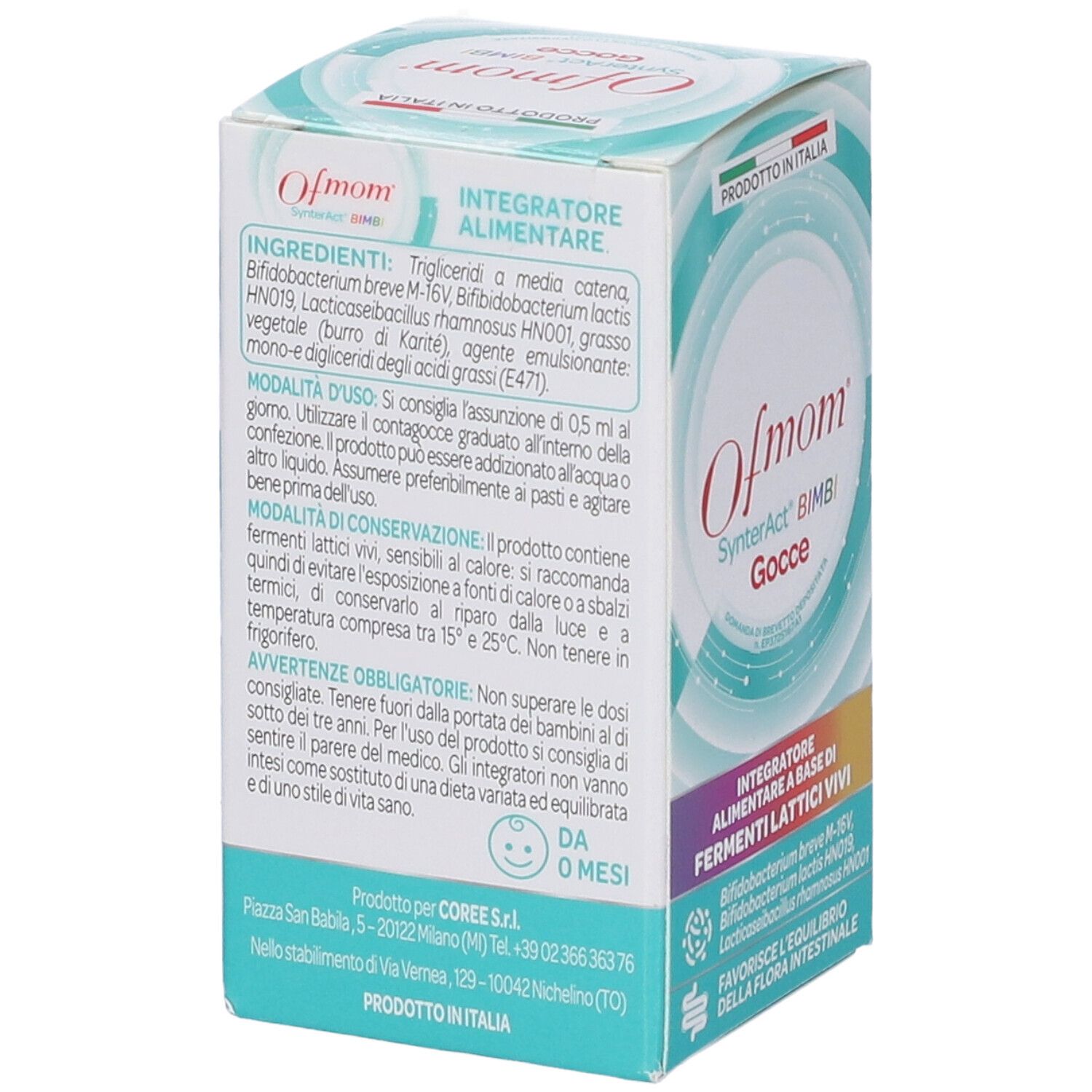 Ofmom SynterAct Bimbi Gocce Verpackung. Enthält 10 ml. Für Säuglinge ab 0 Monaten. Enthält lebende Milchsäurebakterien.