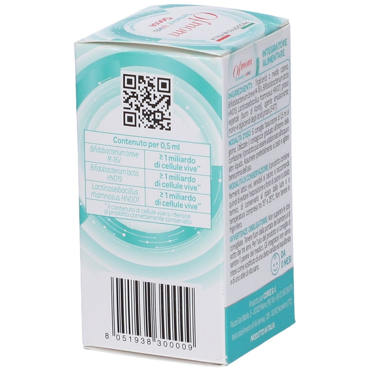 Ofmom SynterAct Bimbi Gocce Verpackung. Enthält 10 ml. Für Säuglinge ab 0 Monaten. Hergestellt in Italien.