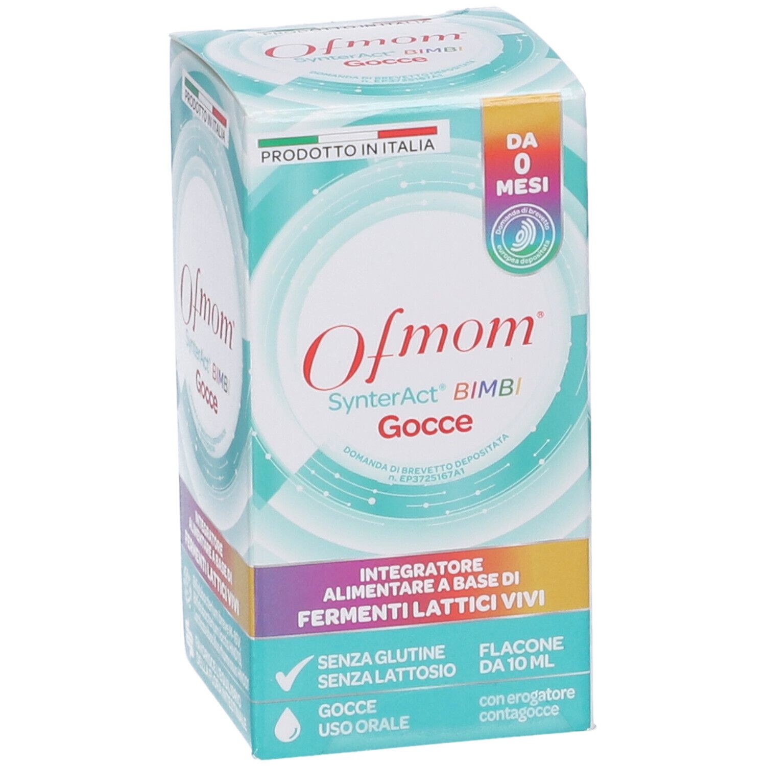 Ofmom SynterAct Bimbi Gocce Verpackung. Enthält 10 ml. Für Säuglinge ab 0 Monaten. Gluten- und laktosefrei.
