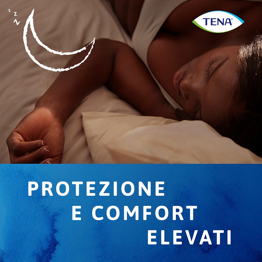 Person liegt im Bett. TENA-Logo und Text auf blauem Hintergrund.
