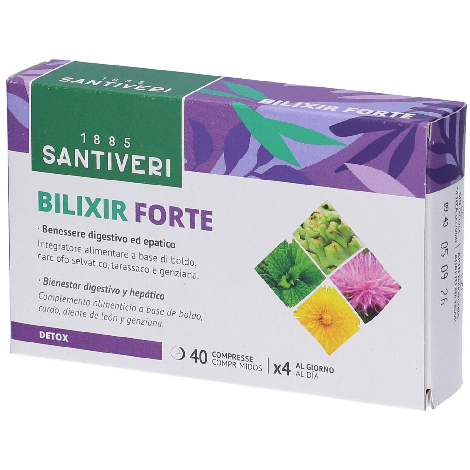 Scatola di Santiveri Bilixir Forte Compresse. Design verde-viola, 40 compresse, illustrazioni di erbe.