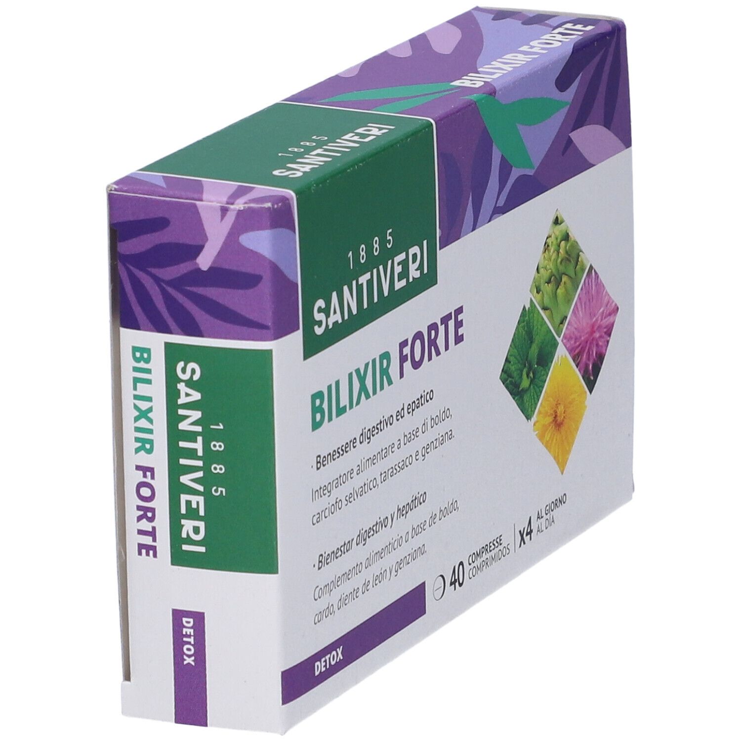 Scatola Santiveri Bilixir Forte Compresse. Vista angolata, design verde-viola, illustrazioni di erbe.