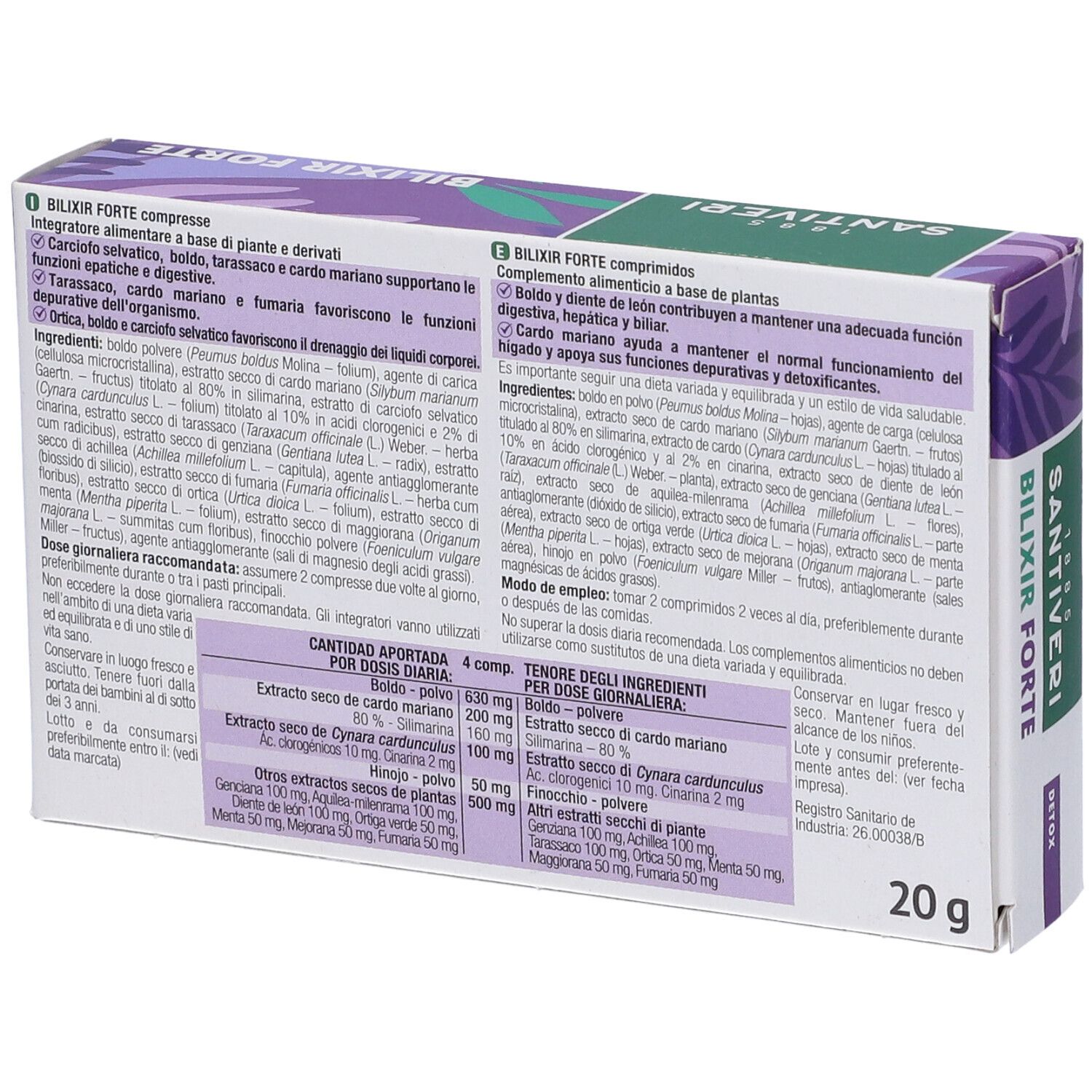 Retro della scatola Santiveri Bilixir Forte Compresse. Testo, ingredienti, informazioni nutrizionali, 20g.