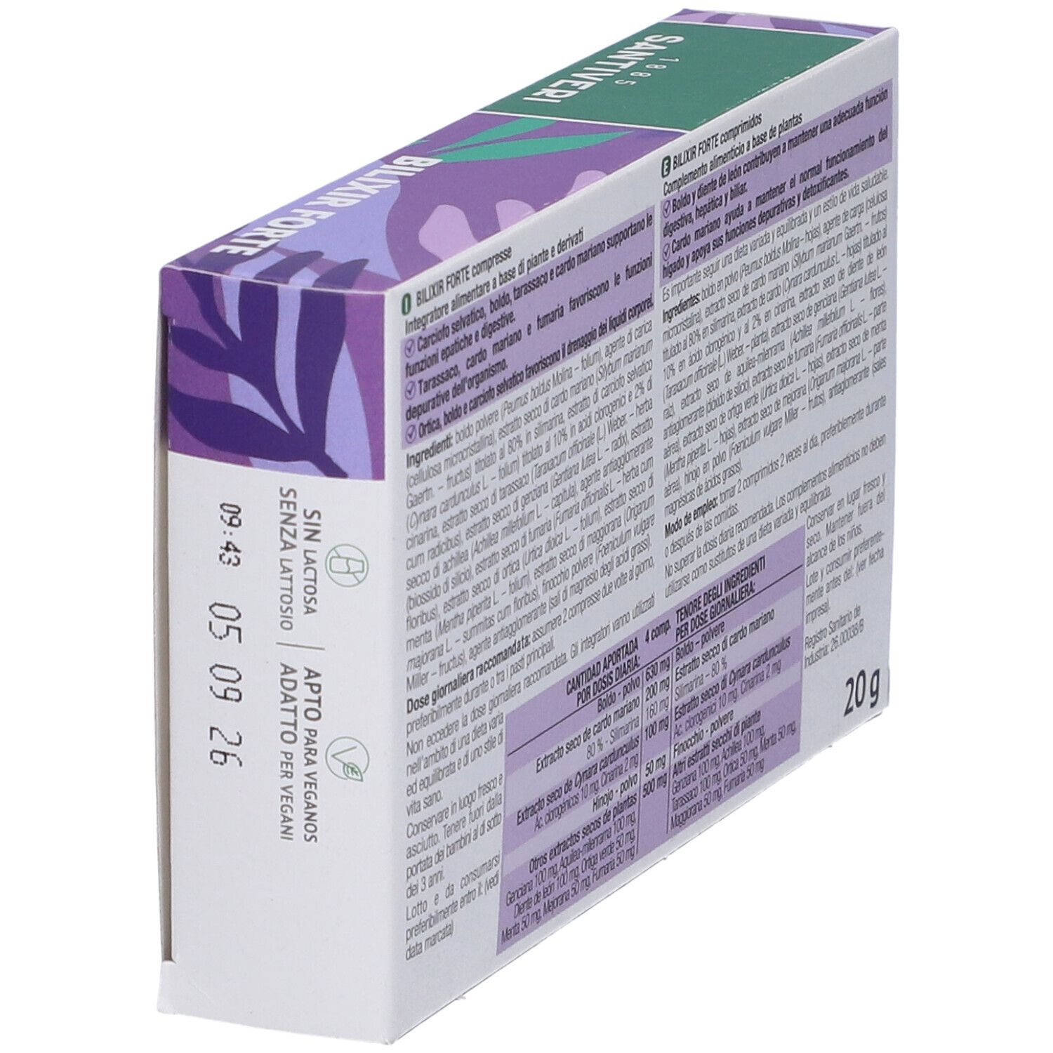 Scatola Santiveri Bilixir Forte Compresse. Retro, testo, ingredienti, 20g, vegano.