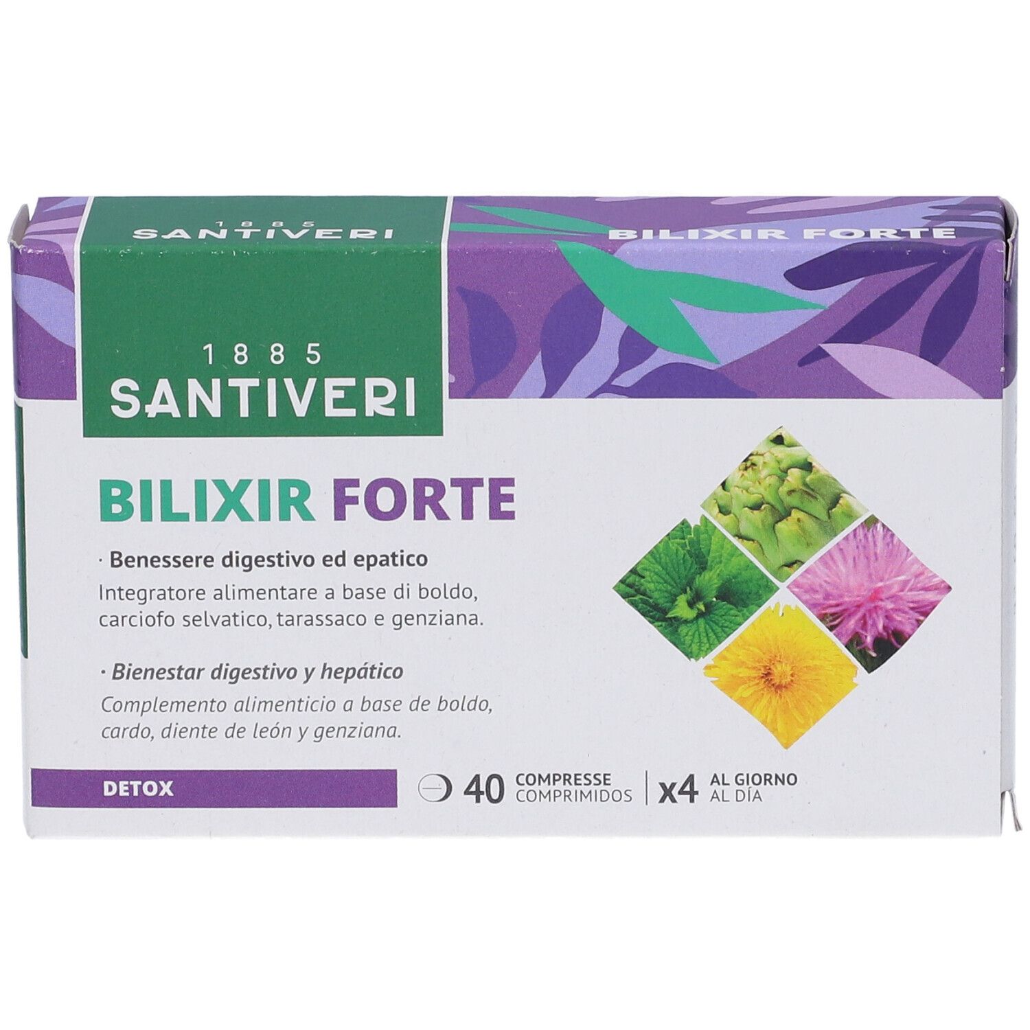 Scatola Santiveri Bilixir Forte Compresse. Vista frontale, design verde-viola, 40 compresse, erbe.
