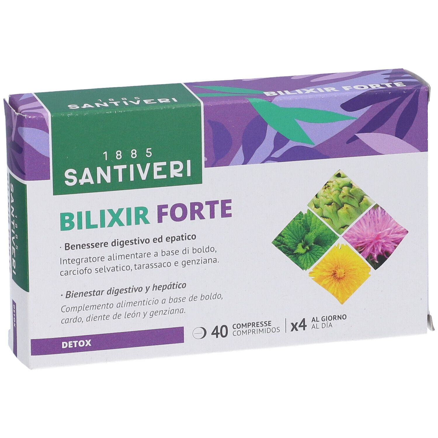 Scatola Santiveri Bilixir Forte Compresse. Vista frontale, design verde-viola, 40 compresse, erbe.