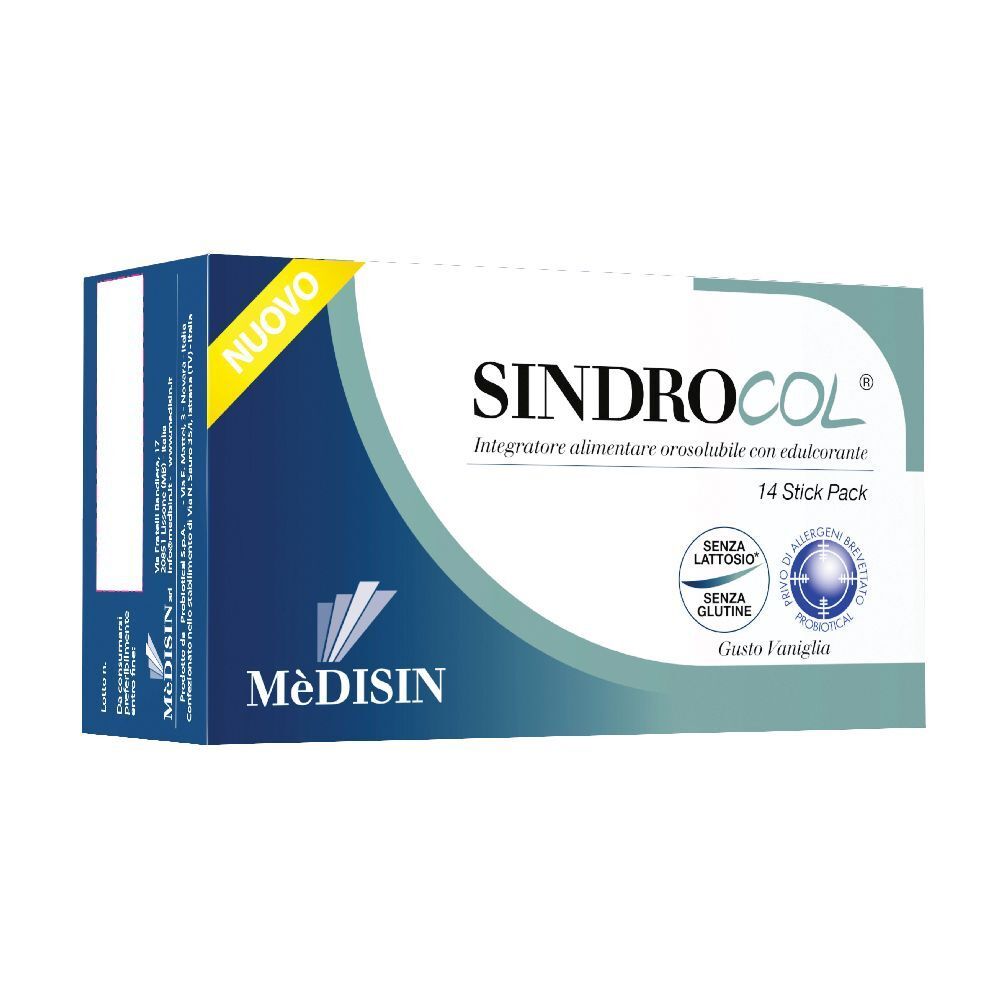 Confezione di MèDISIN Sindrocol®. Scatola bianca con nome e logo del prodotto. Contiene 14 stick pack. Scritte: senza lattosio, senza glutine.