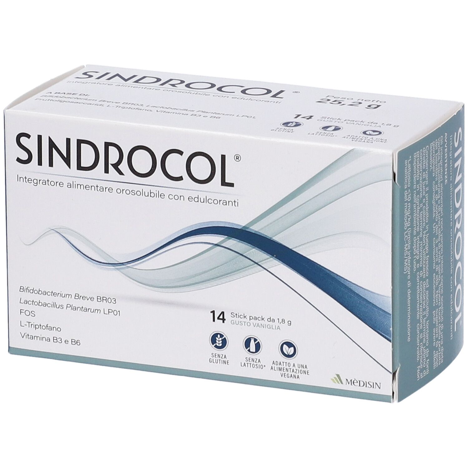 Confezione di MèDISIN Sindrocol®. Scatola bianca con nome e ingredienti. Contiene 14 stick pack. Senza glutine, senza lattosio, vegano.
