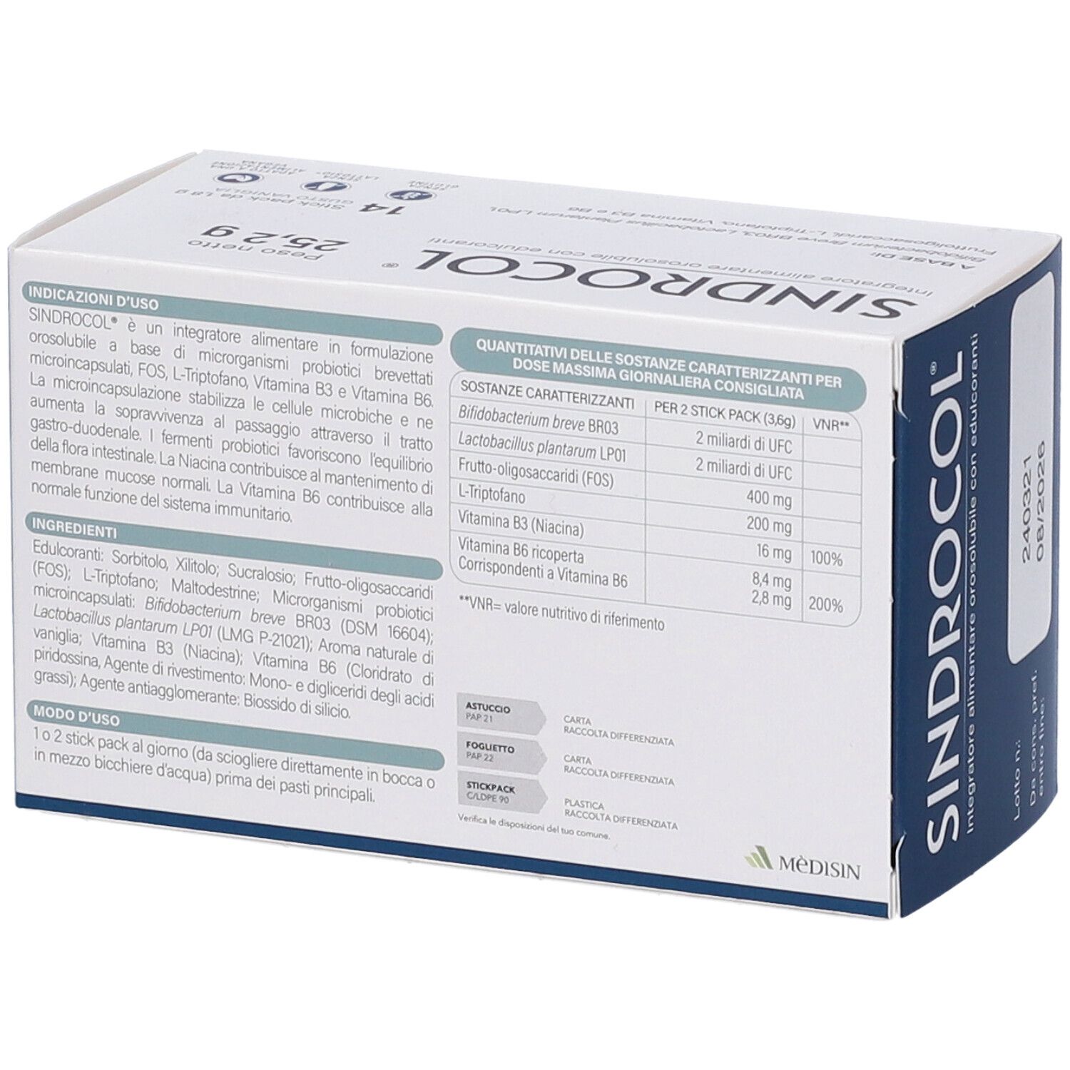 Confezione di MèDISIN Sindrocol®. Scatola bianca con informazioni sul prodotto. Contiene 14 stick pack. Ingredienti e informazioni nutrizionali.
