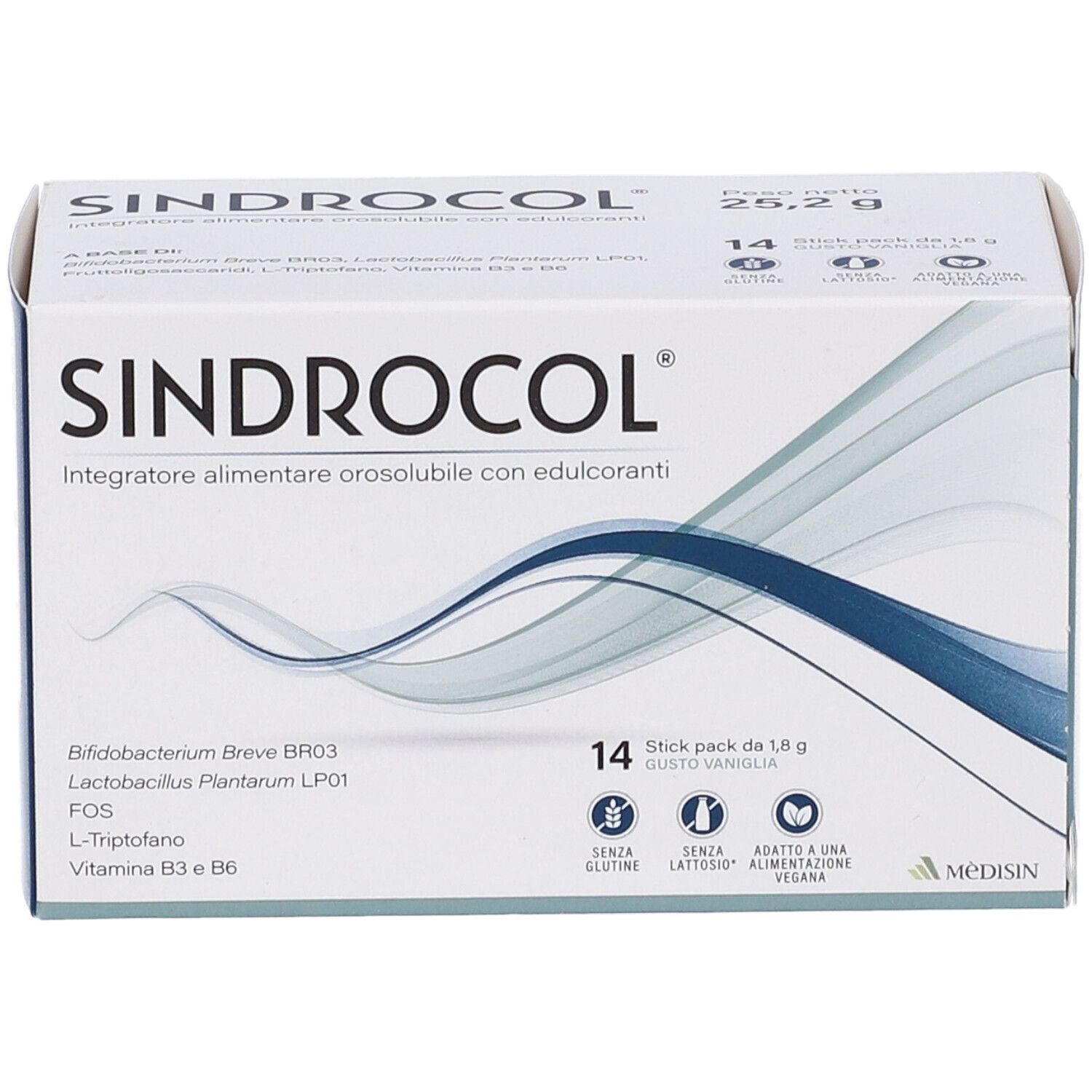 Confezione di MèDISIN Sindrocol®. Scatola bianca con nome e ingredienti. Contiene 14 stick pack. Senza glutine, senza lattosio, vegano.