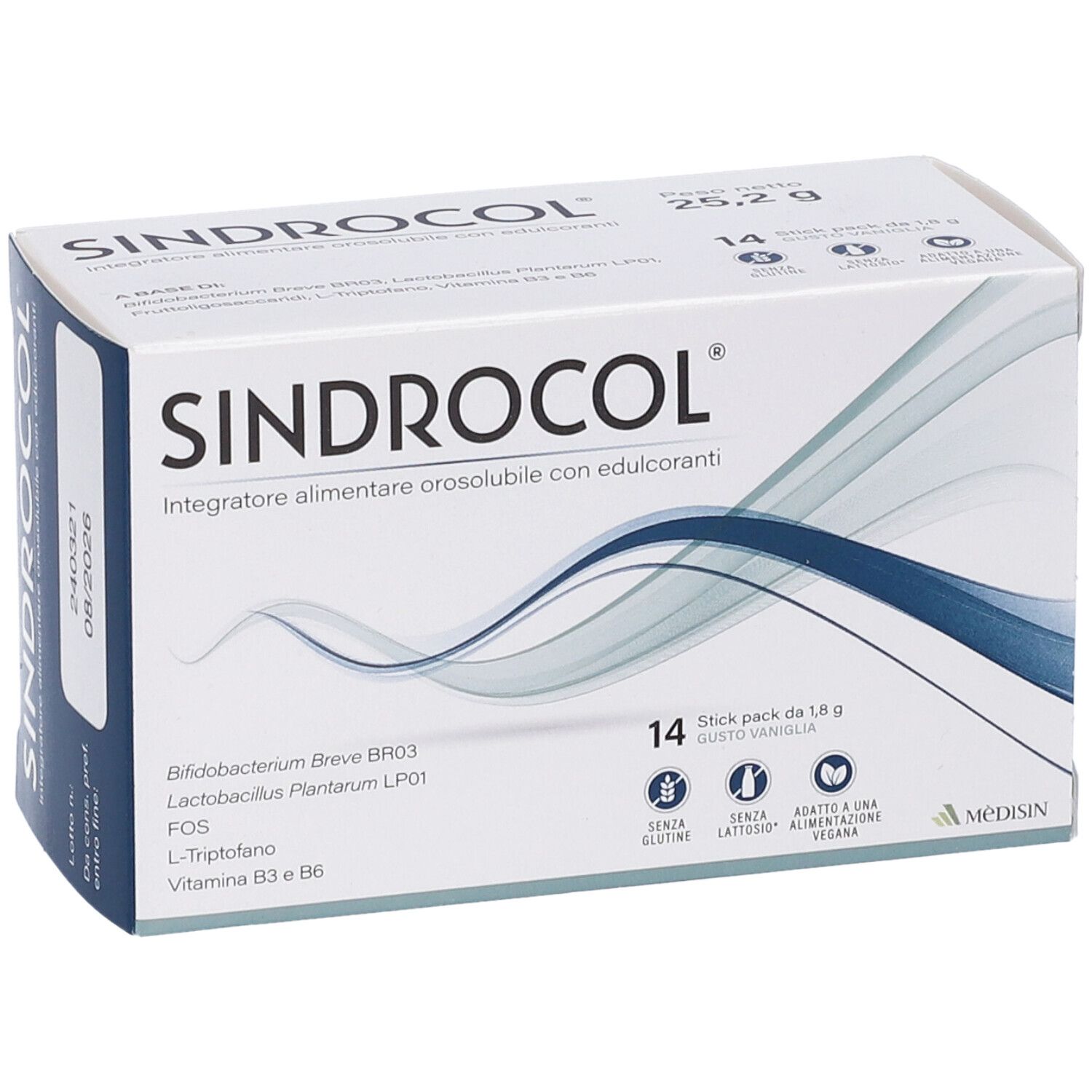 Confezione di MèDISIN Sindrocol®. Scatola bianca con nome e ingredienti. Contiene 14 stick pack. Senza glutine, senza lattosio, vegano.