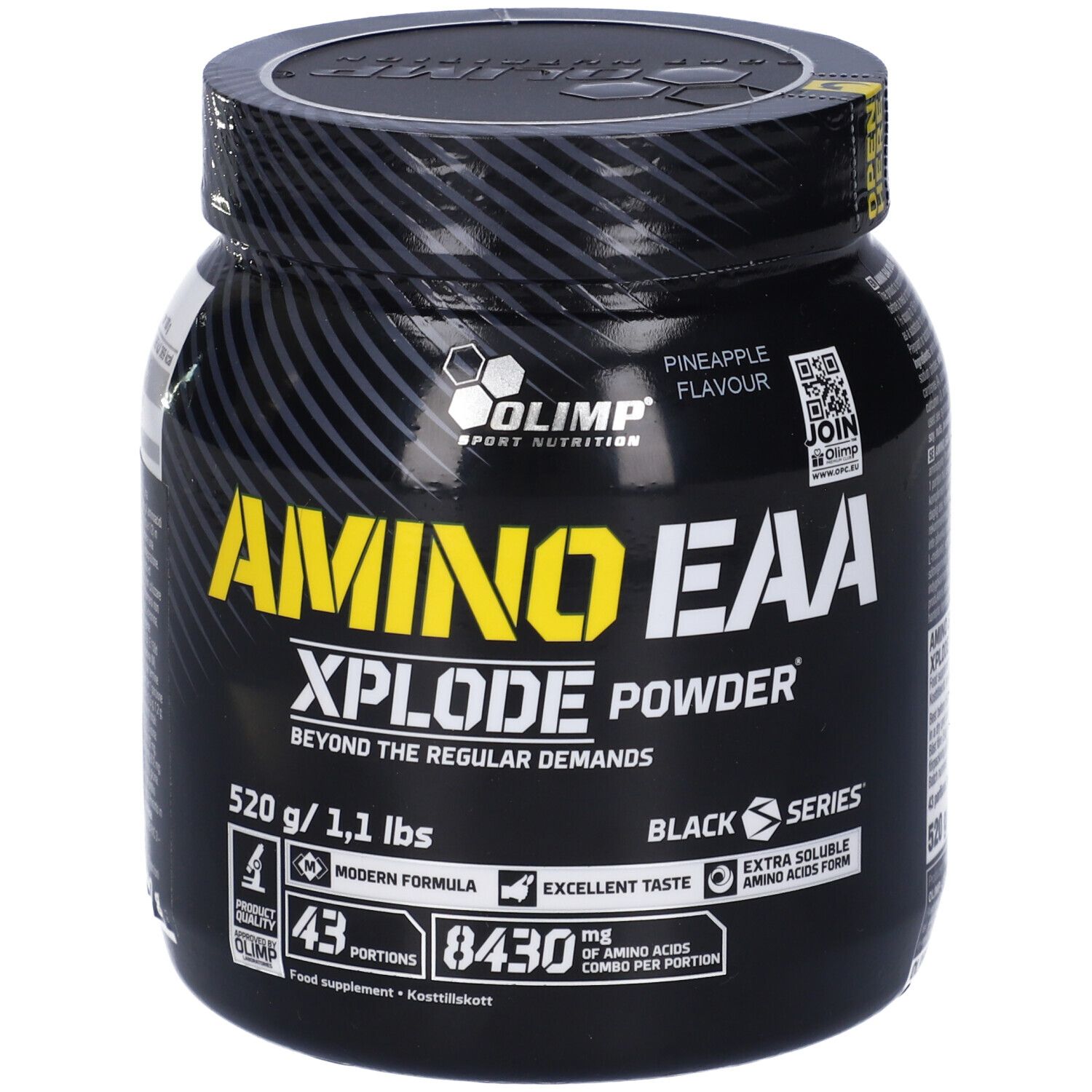 Barattolo nero con testo giallo. Scritto: Amino EAA Xplode Powder. 520g/1,1 lbs. Con 43 porzioni e 8430 mg di aminoacidi.