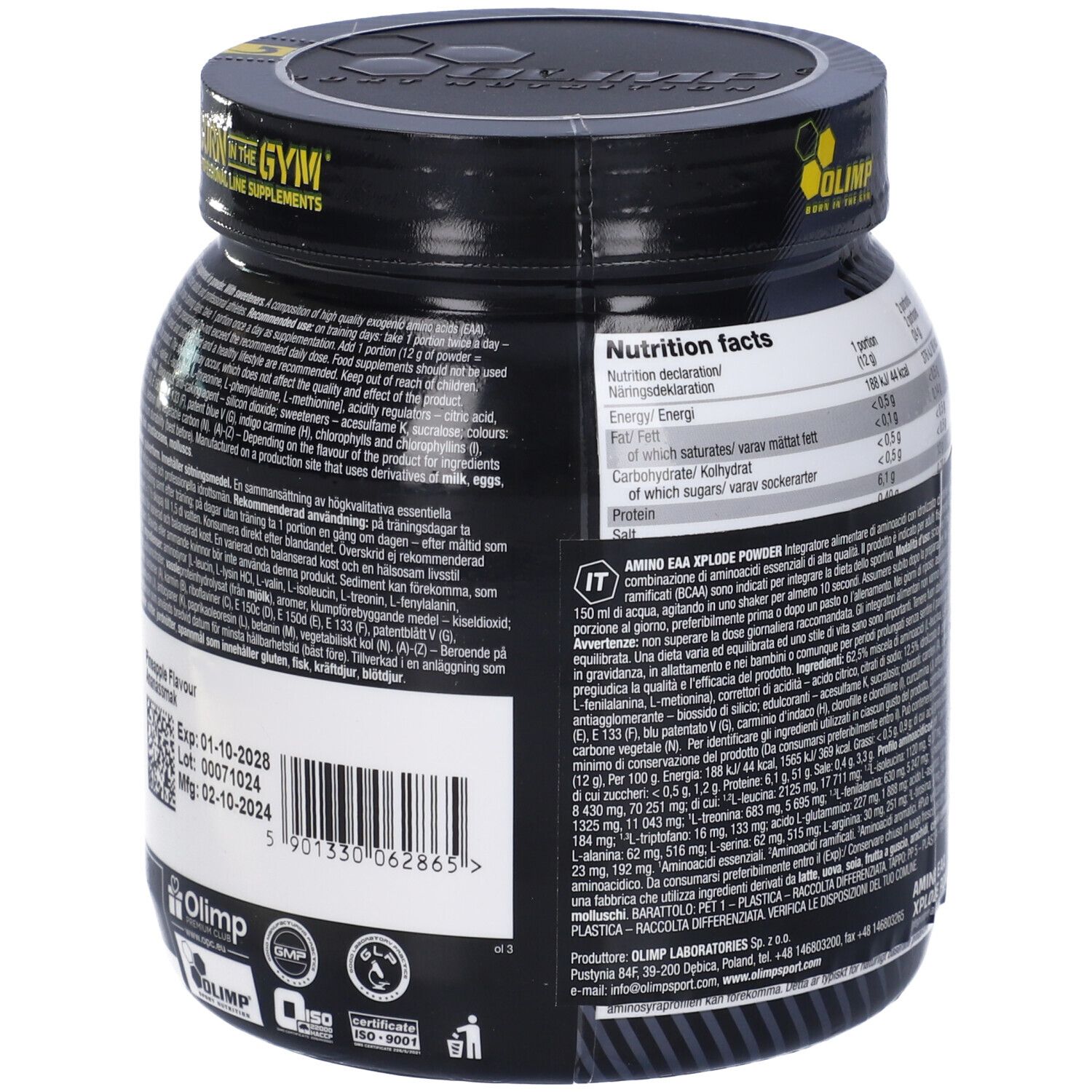 Retro del barattolo nero. Contiene informazioni nutrizionali e ingredienti. Testo in più lingue.