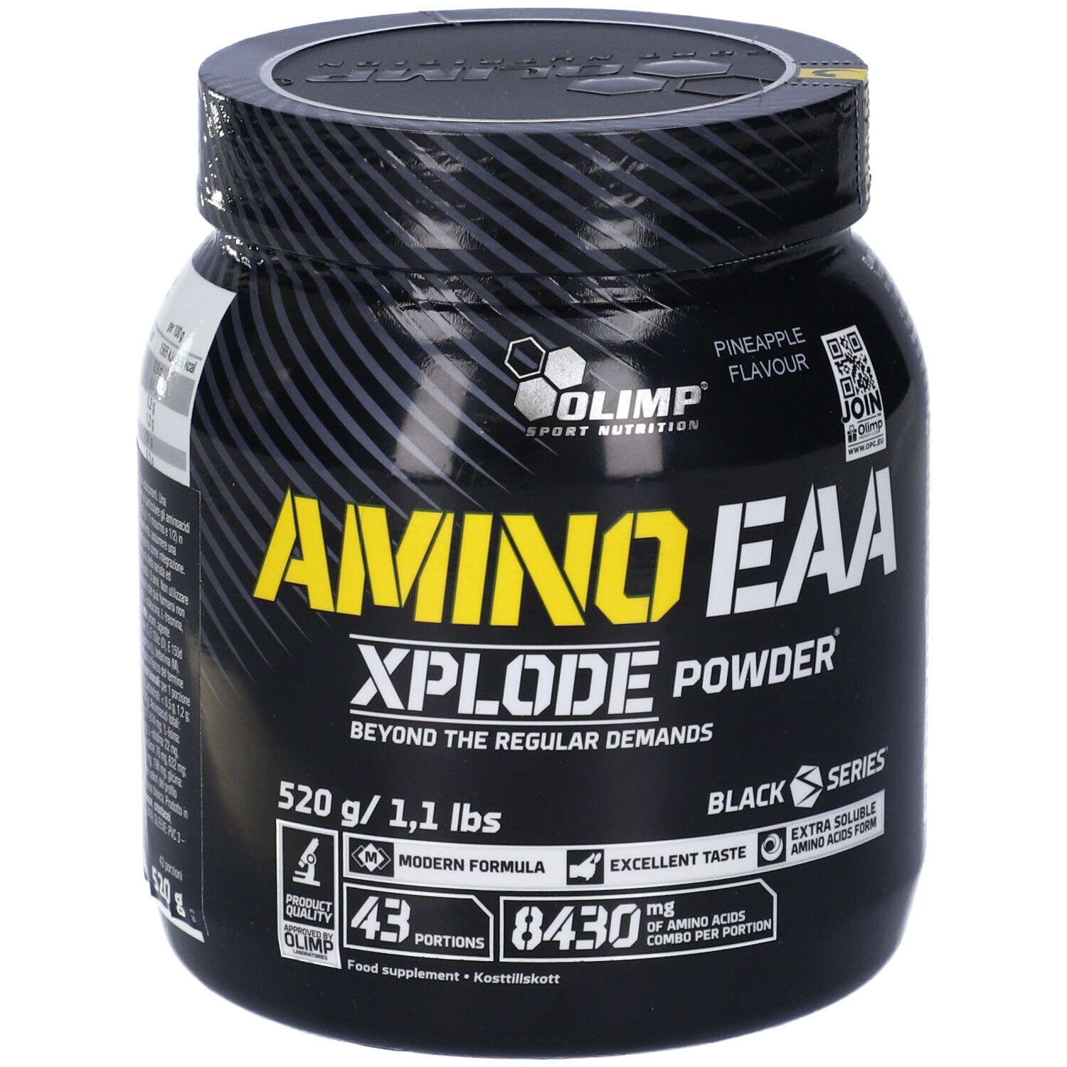 Barattolo nero con testo giallo. Scritto: Amino EAA Xplode Powder. 520g/1,1 lbs. Con 43 porzioni e 8430 mg di aminoacidi.
