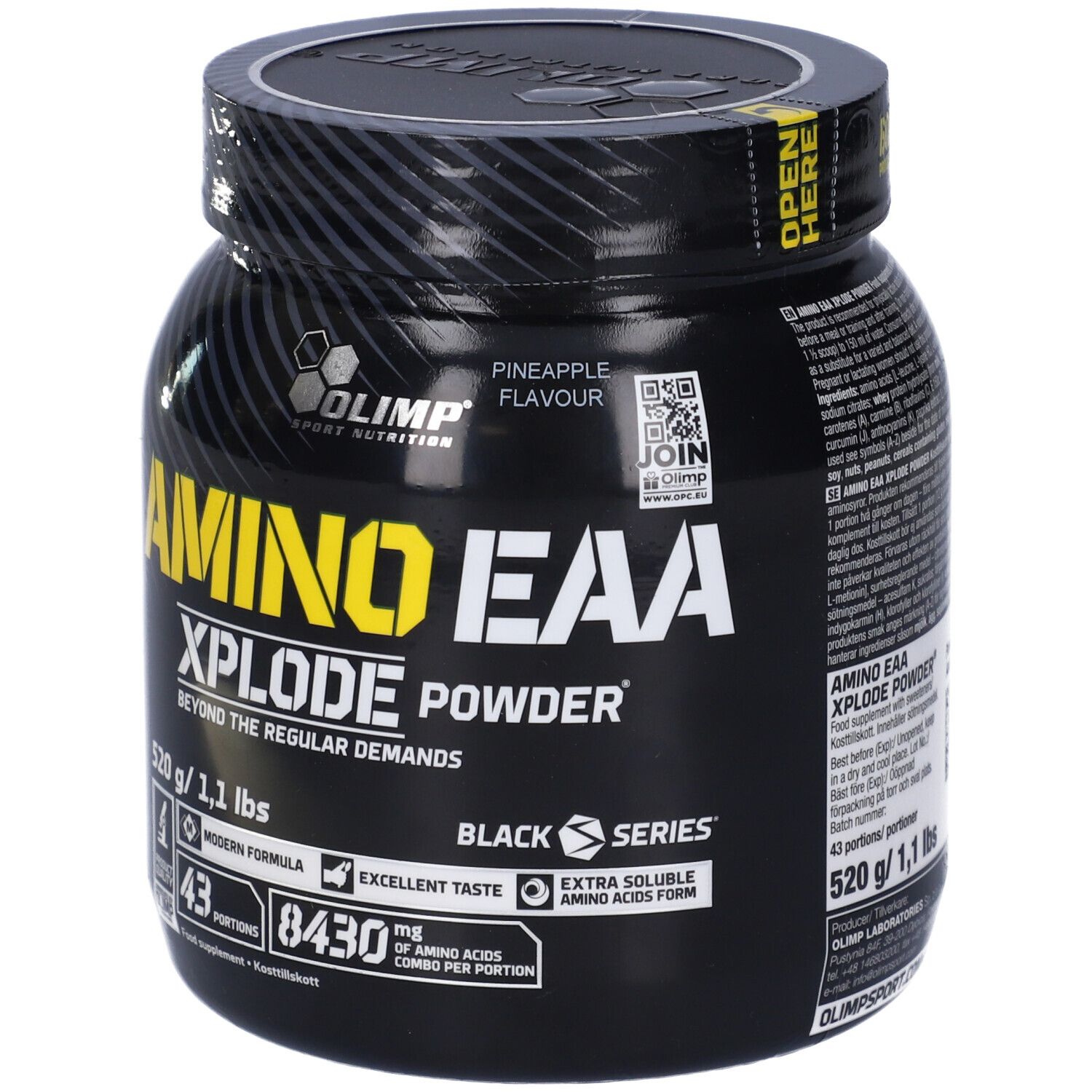 Barattolo nero con testo giallo. Scritto: Amino EAA Xplode Powder. 520g/1,1 lbs. Con 43 porzioni e 8430 mg di aminoacidi.