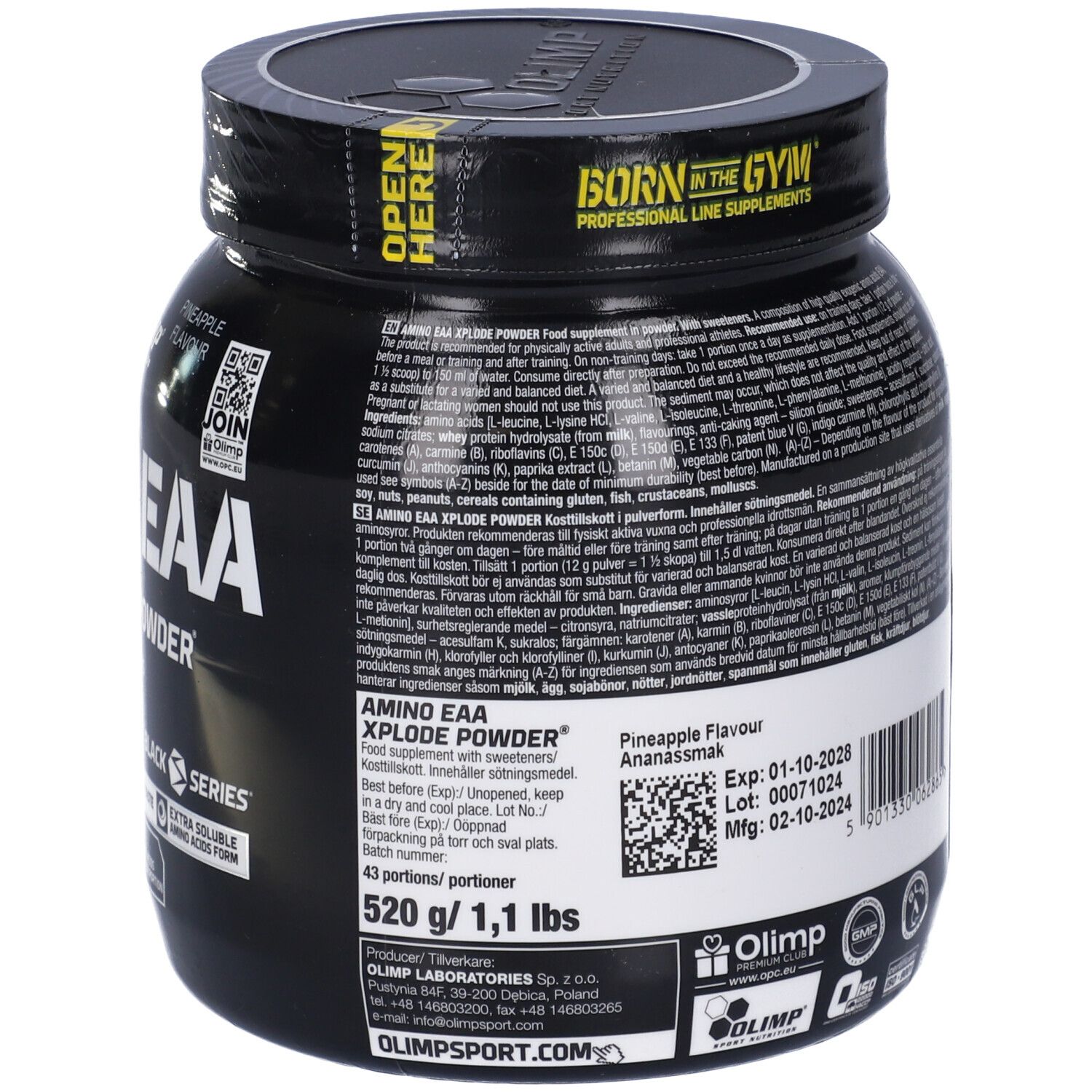 Retro del barattolo nero. Contiene informazioni nutrizionali e ingredienti. Testo in più lingue.