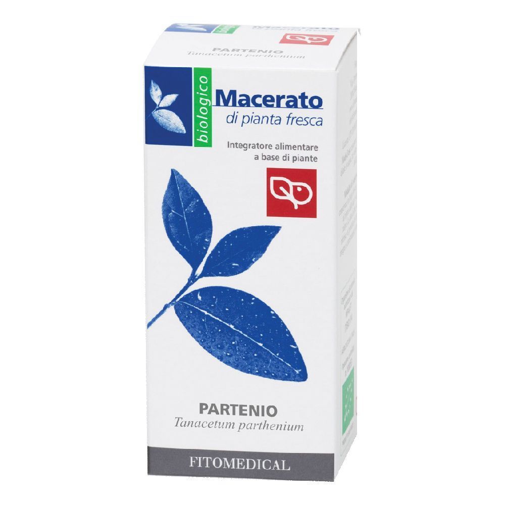 Scatola bianca con motivo a foglie blu. Testo: Partenio, Macerato di pianta fresca, biologico. Logo e scritta FitoMedical.