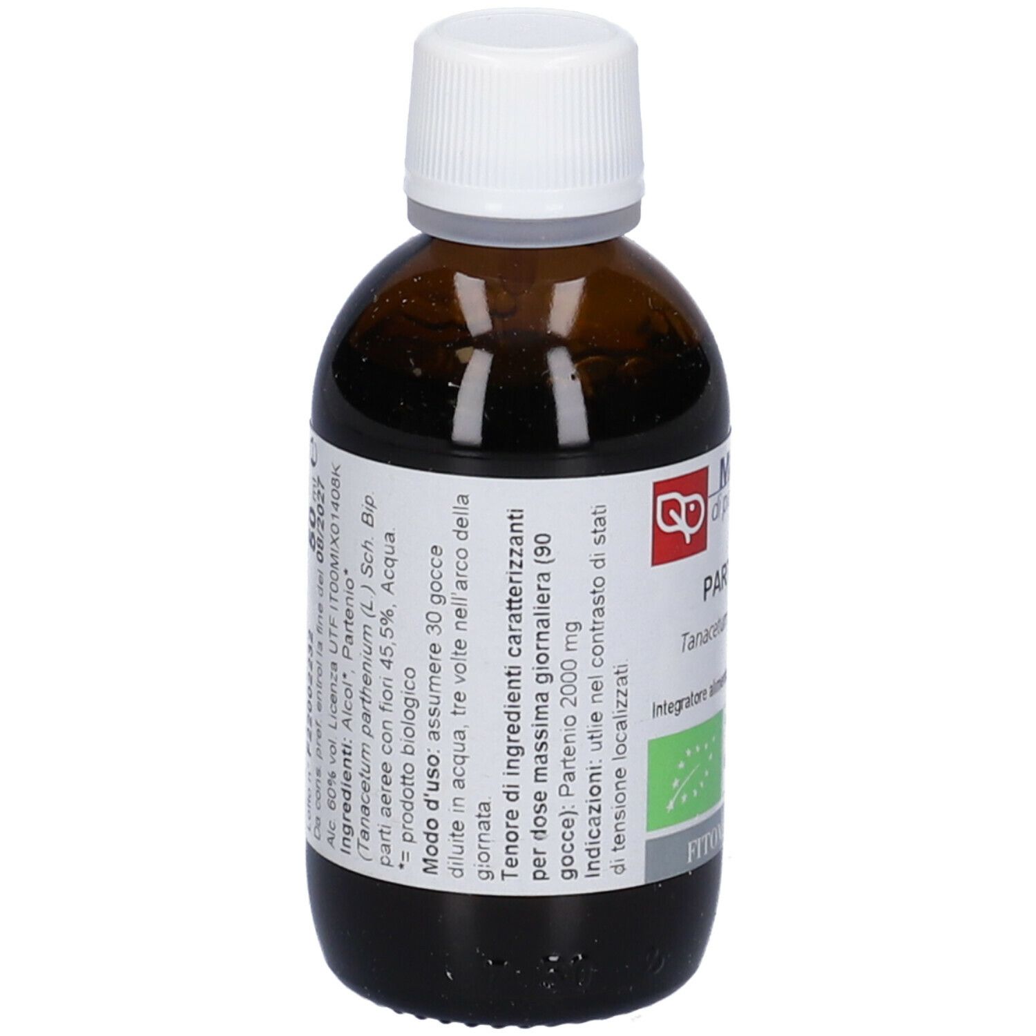 Flacone di vetro marrone con tappo bianco. Etichetta con testo: Partenio, Macerato di pianta fresca, biologico. Logo e scritta FitoMedical.