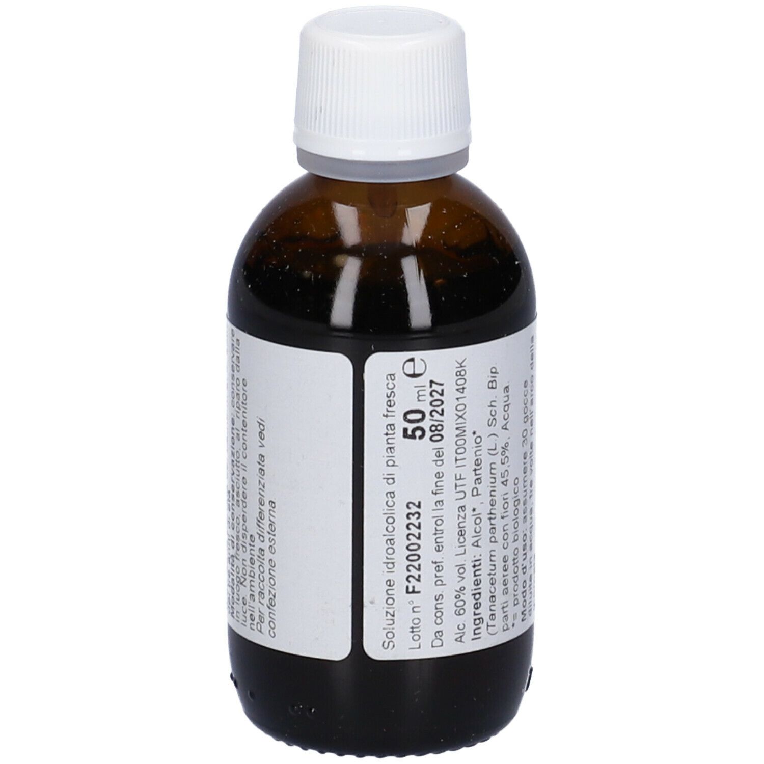 Flacone di vetro marrone con tappo bianco. Etichetta con testo: 50 ml, Macerato di pianta fresca. Logo e scritta FitoMedical.