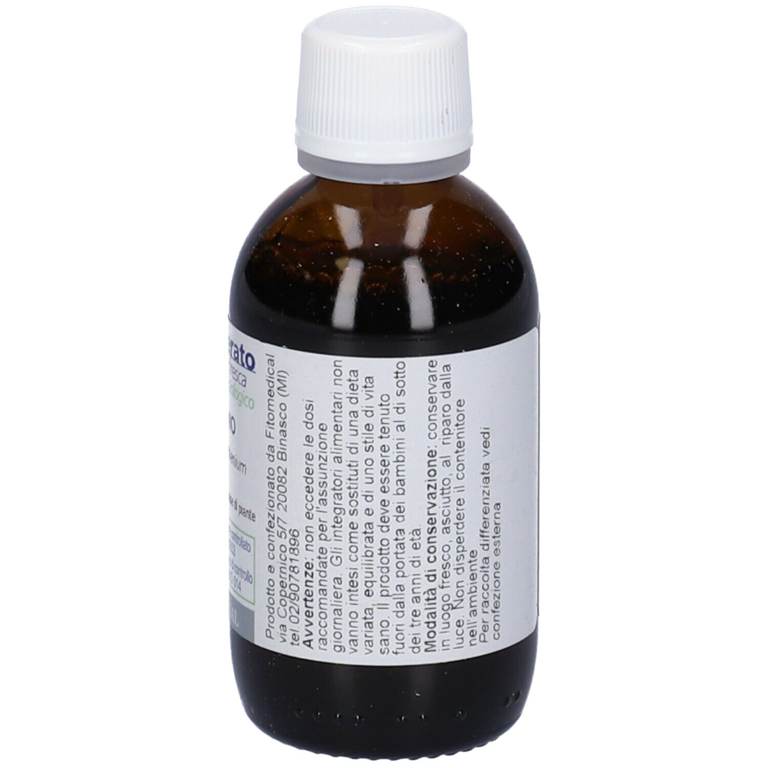 Flacone di vetro marrone con tappo bianco. Etichetta con testo: Macerato di pianta fresca. Logo e scritta FitoMedical. Con informazioni.