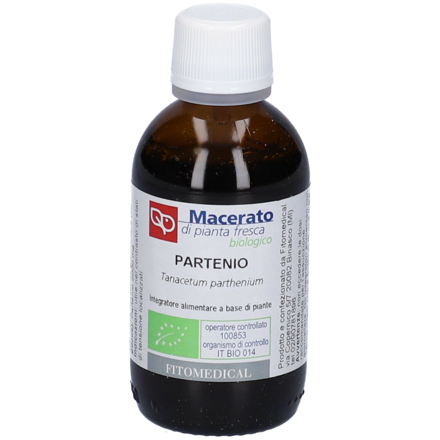 Flacone di vetro marrone con tappo bianco. Etichetta con testo: Macerato di pianta fresca, biologico. Logo e scritta FitoMedical.